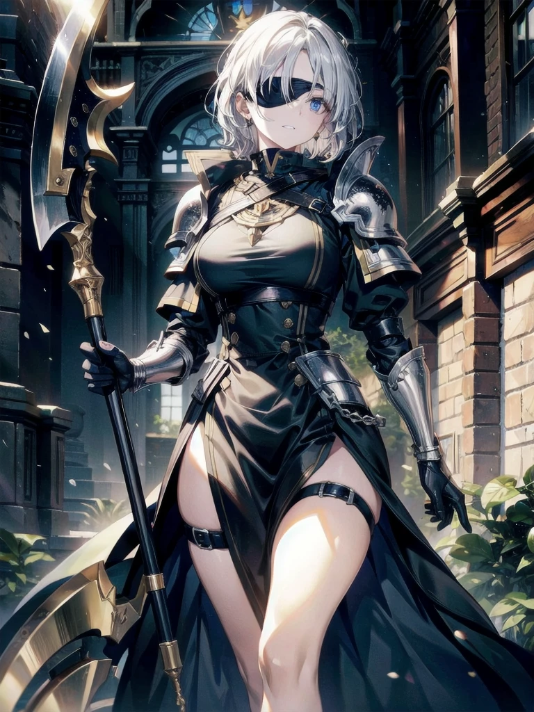 ((one-eyed blindfold)), holy paladin, scythe, dark Heavy armor, absurdres, RAW photo, extremely delicate and beautiful, masterpiece, Best Quality, ultra high resolution, 32k, hyperrealistic, ultra-detailed, detailed description, pale skin, 20 years old, tearful mole, earring, Colossal tits, short medium hair, wavy hair, evil grin, full body shot,