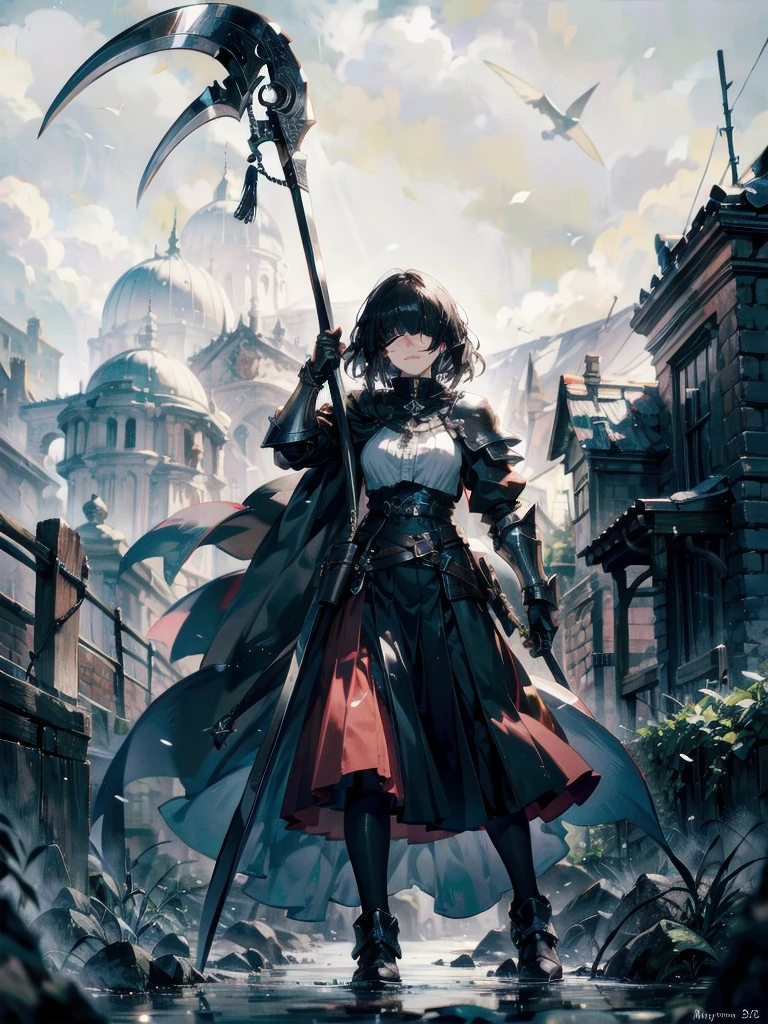 ((one-eyed blindfold)), holy paladin, scythe, dark Heavy armor, absurdres, RAW photo, extremely delicate and beautiful, masterpiece, Best Quality, ultra high resolution, 32k, hyperrealistic, ultra-detailed, detailed description, pale skin, 20 years old, tearful mole, earring, Colossal tits, short medium hair, wavy hair, evil grin, full body shot,