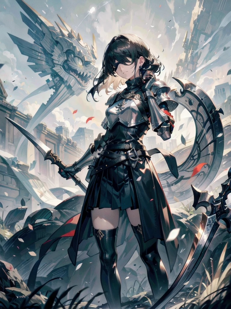 ((one-eyed blindfold)), holy paladin, scythe, dark Heavy armor, absurdres, RAW photo, extremely delicate and beautiful, masterpiece, Best Quality, ultra high resolution, 32k, hyperrealistic, ultra-detailed, detailed description, pale skin, 20 years old, tearful mole, earring, Colossal tits, short medium hair, wavy hair, evil grin, full body shot,