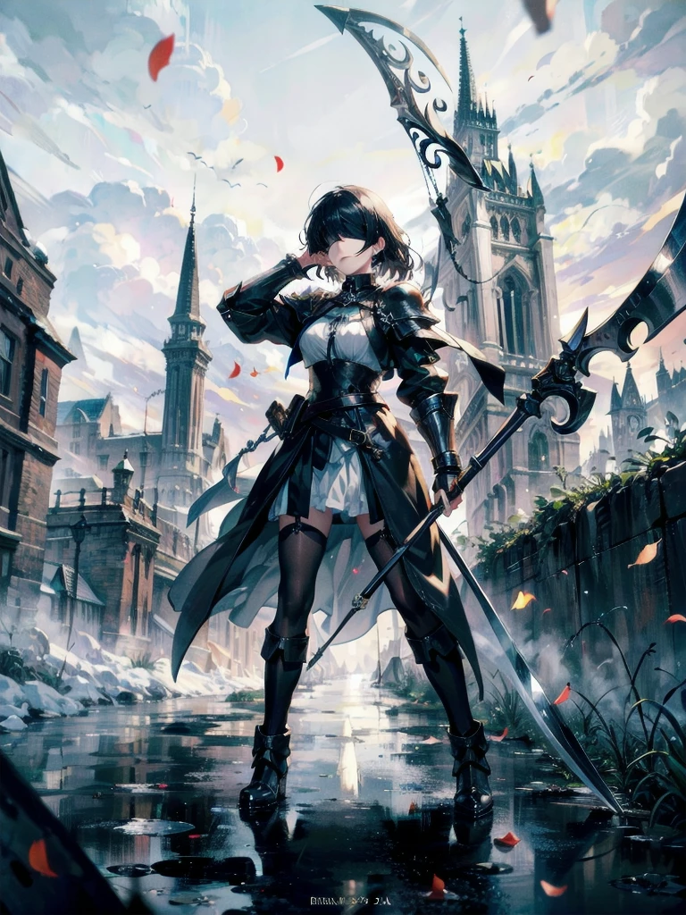 ((one-eyed blindfold)), holy paladin, scythe, dark Heavy armor, absurdres, RAW photo, extremely delicate and beautiful, masterpiece, Best Quality, ultra high resolution, 32k, hyperrealistic, ultra-detailed, detailed description, pale skin, 20 years old, tearful mole, earring, Colossal tits, short medium hair, wavy hair, evil grin, full body shot,