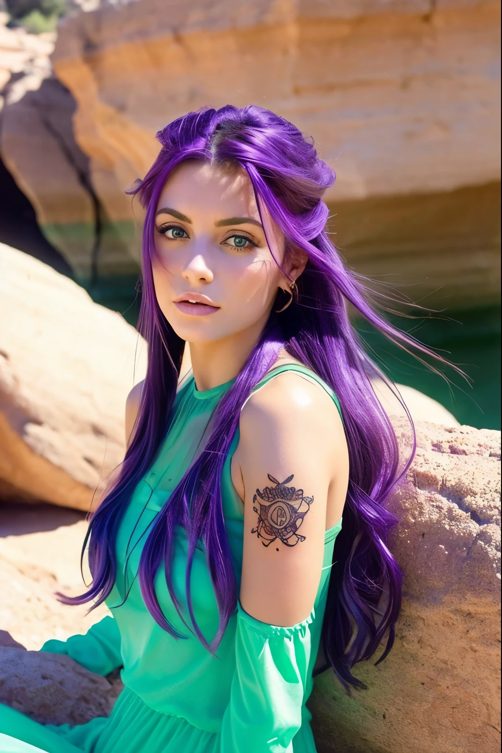 Photo-like,Beautiful Spanish woman resting on a rock in a canyon in Spain、Purple Hair、Green Eyes、Transparent clothing、tattoo、null、Fin clouds。pleasure、