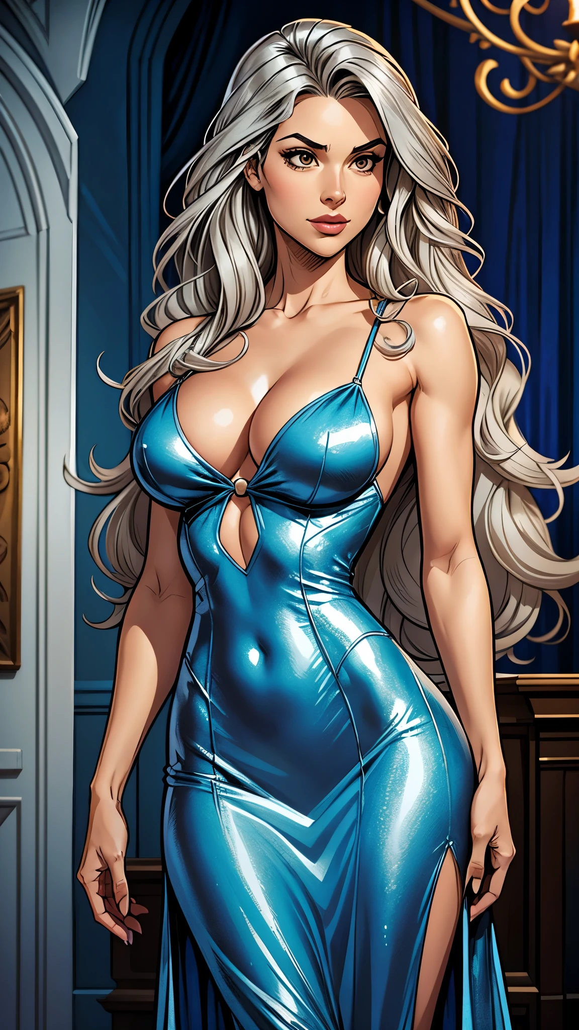wavy silver hair that cascades to the middle of her back.  Brown eyes.  Slim and athletic build.  She was wearing a elegant blue drees. Very Busty. Comic style, marvel style