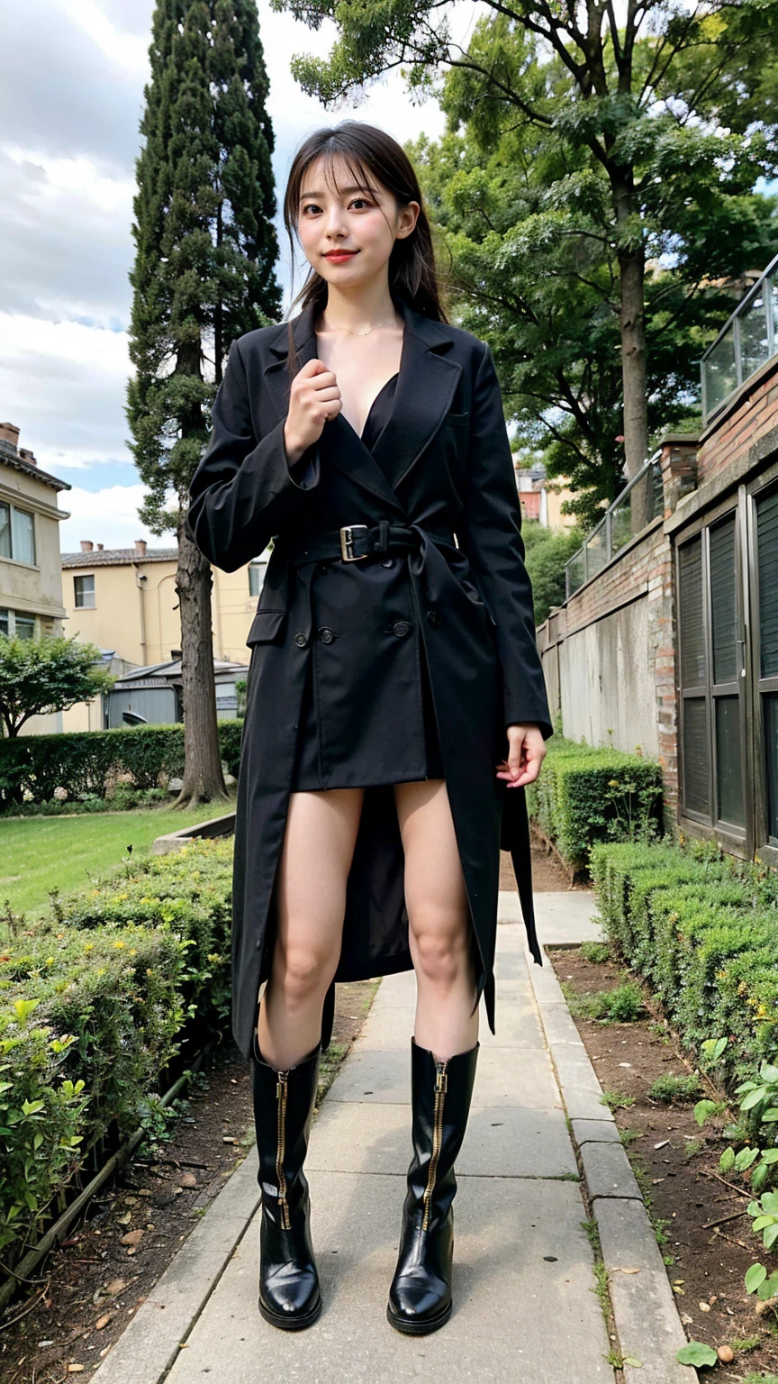 (8k、RAW Photos、highest quality、masterpiece:1.2)、(Realistic、Realistic)、1 girl、((mini skirt、Black Coat、Large Breasts、View from the front、garden、boots、Standing))、Lots of eyelashes、Glowing eyelids、skeletally correct
