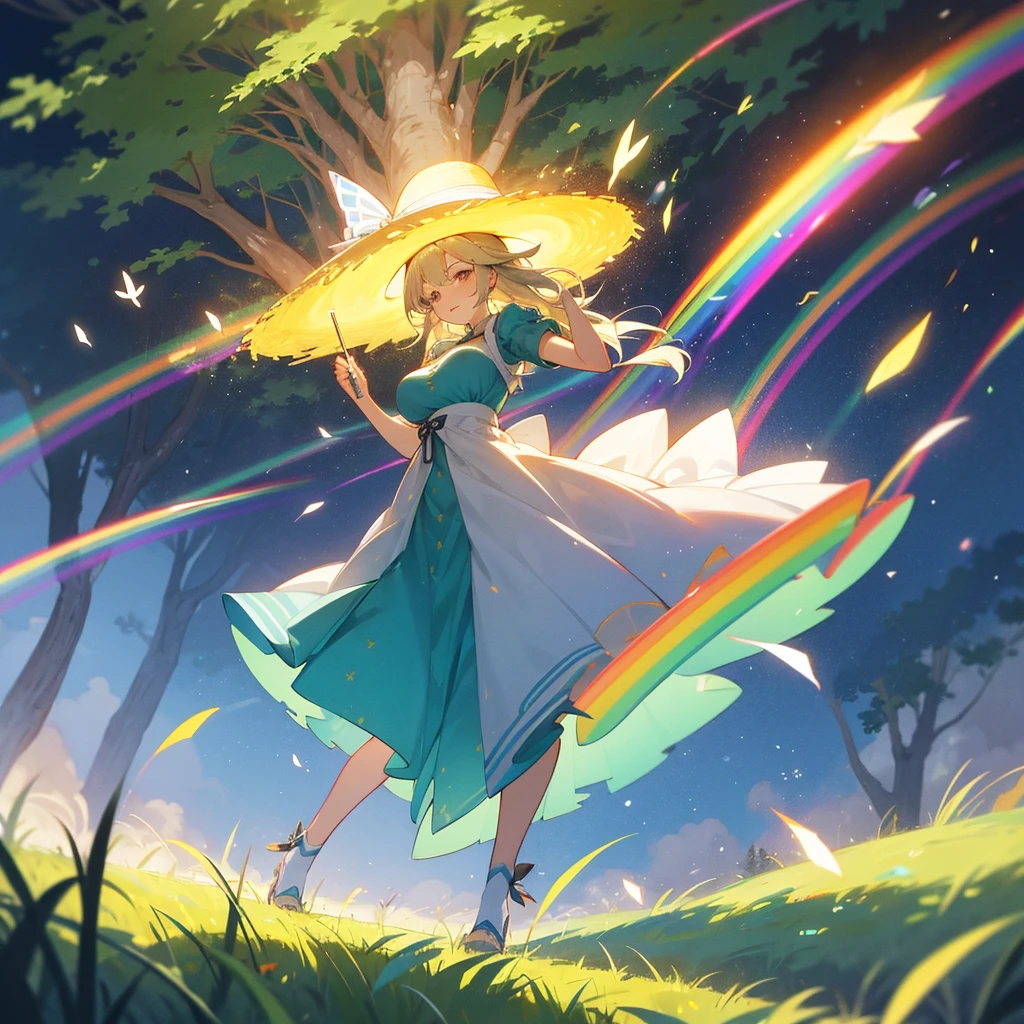 One female、In the grassland、Wearing a large straw hat、Rainbow dress、Fluttering Skirt、Fluttering Ribbon、Wind and light expressed with particle effects、Swaying Grass、One big tree、side、Full body cut、Masterpiece、Maximum Performance,Fancy Forest、Fancy Star、Sparkle々and shining stars、illumination,Large Breasts、Large Breasts、Full body movement、Cute pose、Dynamic、Dynamic、Dynamic、Generate motion traces with particle effects、Front cut