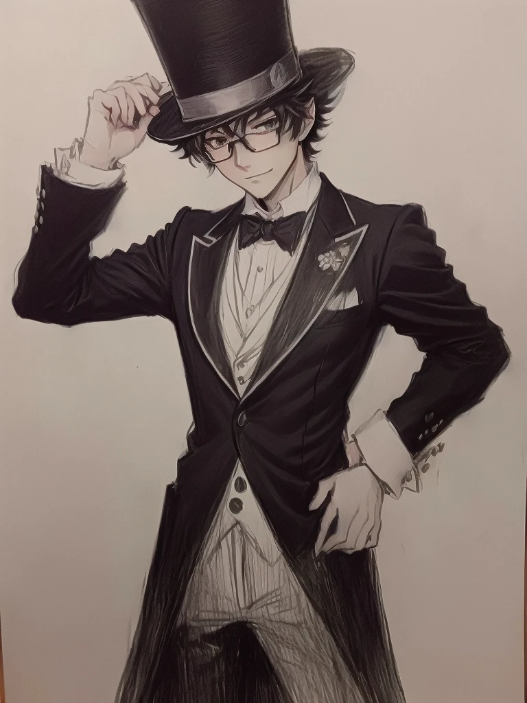 A painting of a man wearing glasses and a top hat, as an Anime characters, inspired by Okumura Togyu, He is wearing a top hat, Anime Drawings, 2D Anime Style, Anime-style characters, Inspired by Hiro Yamagata, inspired by Yukihiko Yasuda, Anime characters, inspired by Ib Eisner