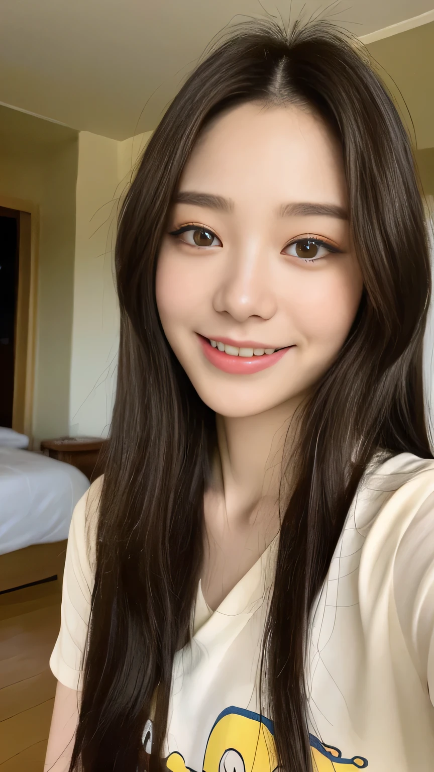 Full body angle、((highest quality, 8K, masterpiece:1.3)), concentrated:1.2, Perfect body beauty:1.4, Hips:1.2, ((Delicate Hair)), (Colorful cross neck slim fit t-shirt for women、 :1.1) , ((highest quality、8K、masterpiece:1.3))、1 Girl、A sloppy smile、Esbian all over、Slim face、Big 、Beautiful woman、(Dark Brown Hair)、Long Hair、1.1、Flickering Valley、Detailed eyes、double eyelid、Blurred Background、超Slim face、Smile、Looking down、