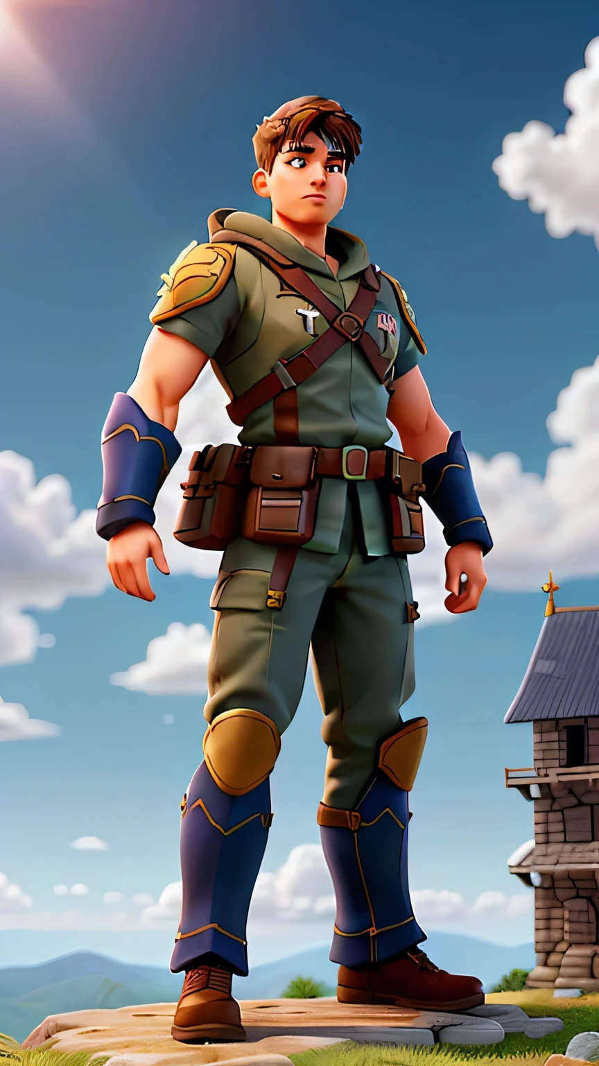 Create a high-resolution, realistic image depicting a powerful and muscular soldier standing proudly in the heavenly realm. The soldier should exude strength and nobility, with well-defined muscles and a confident stance. He should be adorned in celestial armor, gleaming with divine light and adorned with intricate designs. In the background, depict the ethereal beauty of heaven, with fluffy clouds, radiant light, and majestic architecture. The soldier's expression should convey a sense of honor and duty, as he stands as a guardian of heaven, ready to defend it from any threat. The overall image should capture the awe-inspiring presence of a celestial warrior, embodying courage and righteousness.