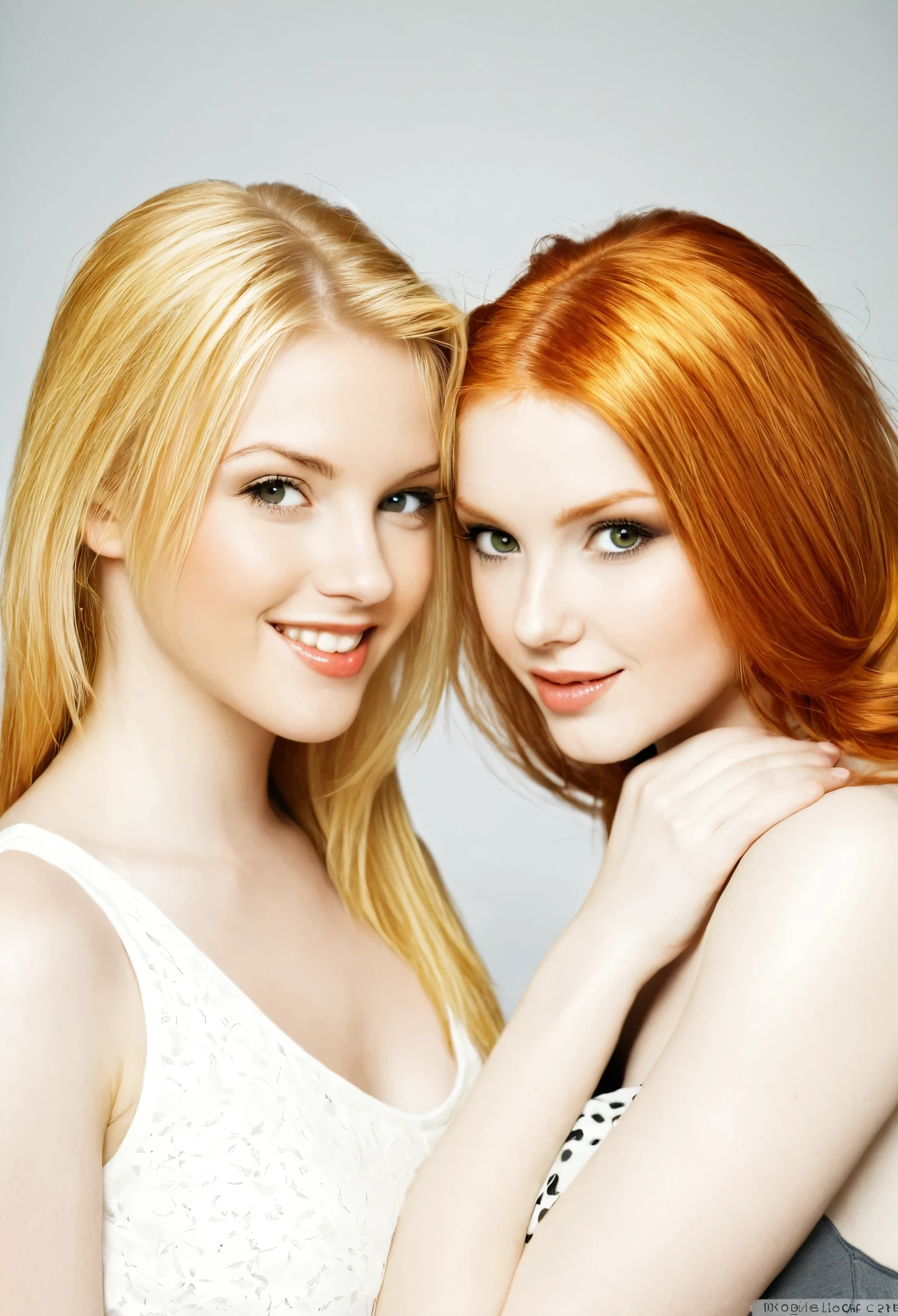 Create a picture of two girls together. A blondie one and a redhead
