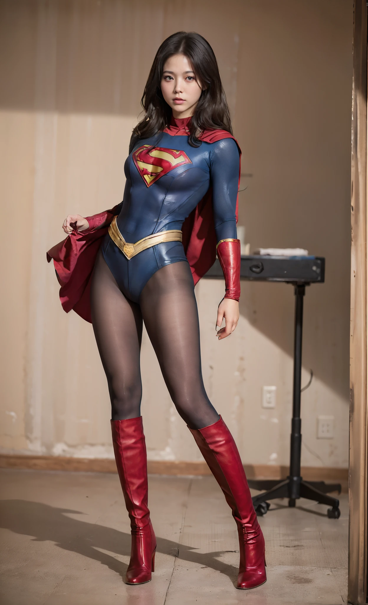 No background、She always has her mouth open、She always looks distressed、Always close your eyes、(((Beautiful legs in black tights.)))、(((Stretch your legs、expensive、Expressing a distressed face)))、((((Make the most of your original images)))、(((Supergirl Costume)))、(((Beautiful hairstyle)))、(((Painful face)))、(((Black tights legs、Wear red boots)))、((Best image quality、8k))、((highest quality、8k、masterpiece:1.3))、(((Preserve background )))、Sharp focus:1.2、Beautiful woman with perfect figure:1.4、Slim Abs:1.2、Wet body:1.5、Highly detailed face and skin texture、8k