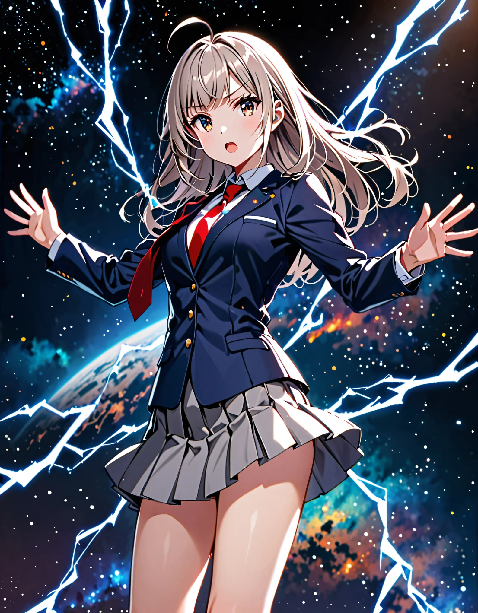 1girl, tall body, high school student, suit, dark blue suit jacket, white shirt, (red ribbon necktie), grey pleated skirt, miniskirt, bare legs, white socks, brown shoes, light grey hair, hazel eyes, med-back-length hair, bangs, ahoge, beautiful detailed eyes, beautiful detailed face, cute face, medium breasts, perfect hands, complete fingers, perfect anatomy, perfect proportions, age 18, solo, solo focus, standing, raised arms, serious, open mouth, looking at viewer, space backdrop, floating, body infused with electricity, ahoge