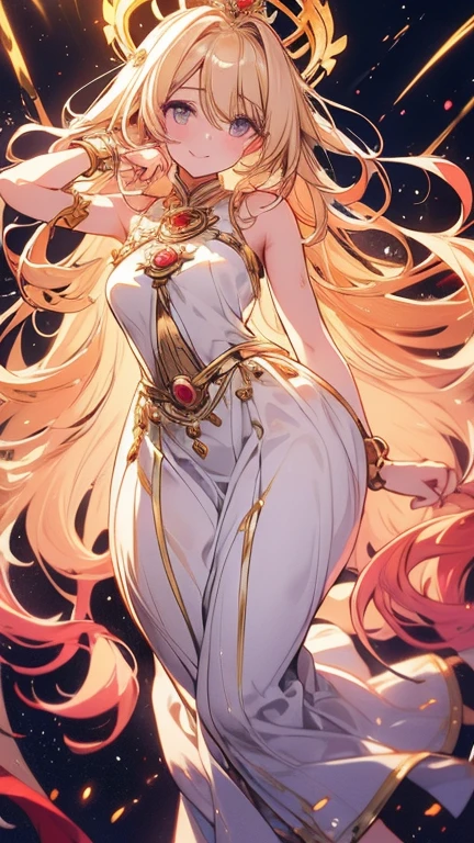 1 girls, the sun god empress, she's sun goddess, wavy light colored hair, beautiful faces, elegant dress, elegant crown, beauty in the dark, gorgeous faces, charismatic person, elegant sweet smile, shining lighter than sun, representation of the sun, perfect body, stunning eyes, full body looks, perfect anatomy, masterpiece, shiny morning sky background, beautiful background, HD quality, 4K wallpaper, prettiest girl in the world