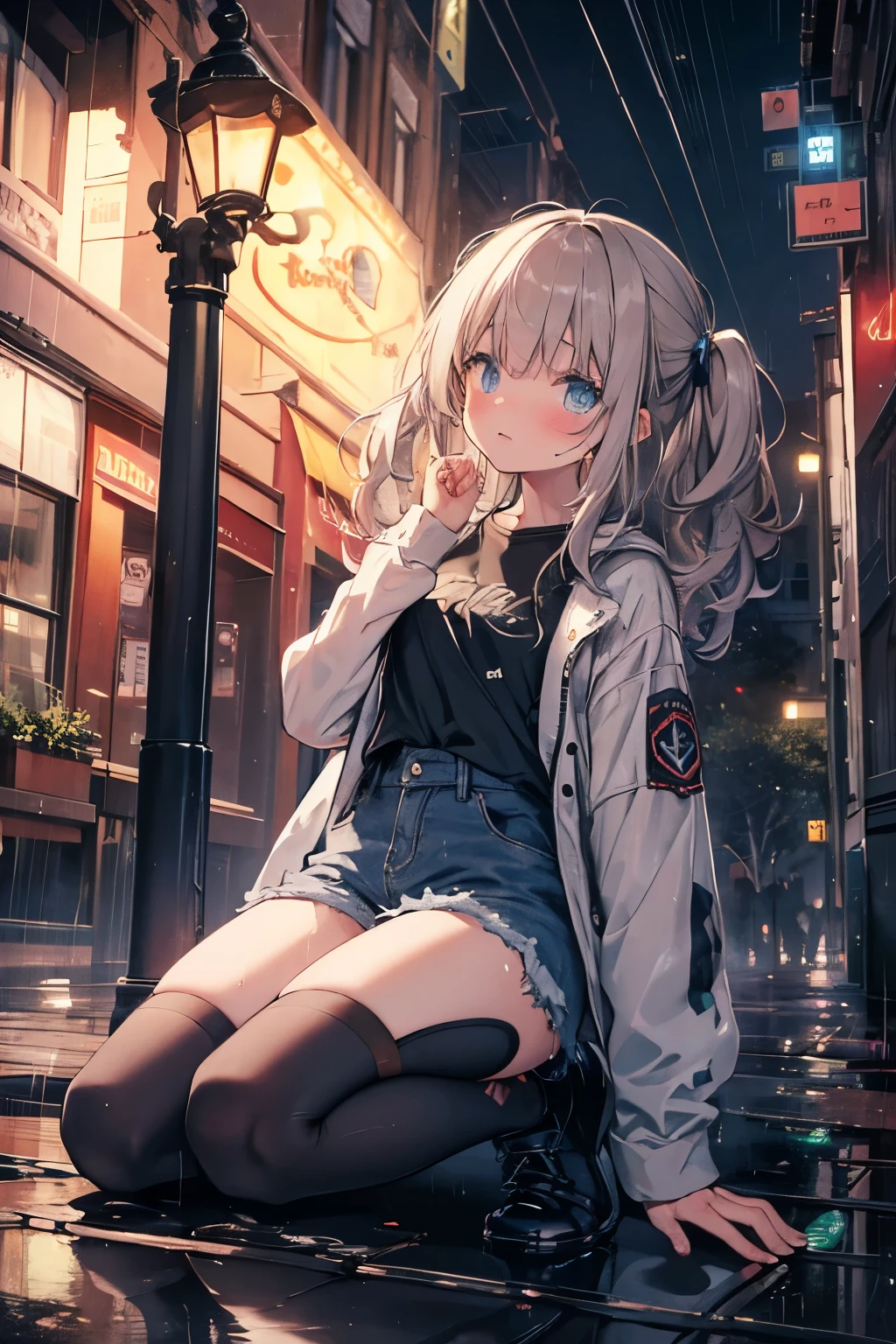 In a rainy night town, The soaked girl, Collapsed to my knees, I looked up at the sky and cried, Denim Leggings, Desperate scene, Giant moth in the sky