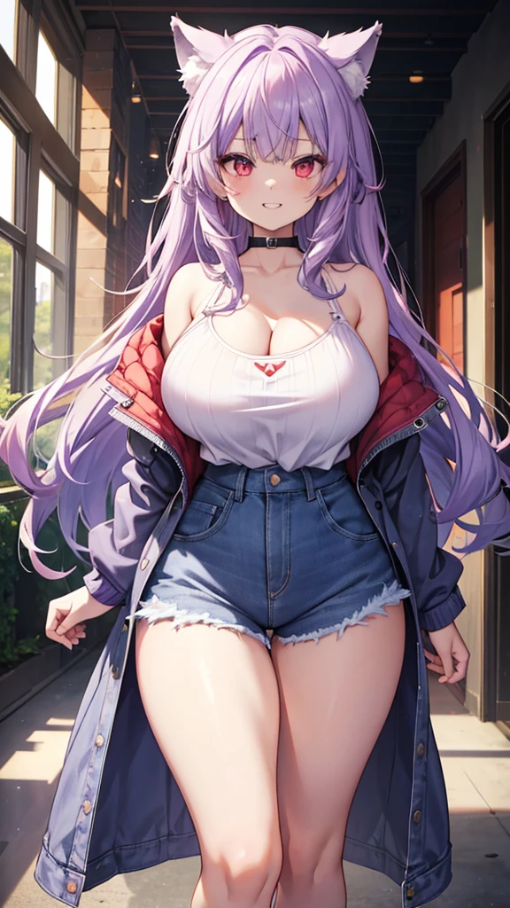 Wolf Girl, Large Breasts, Voluminous light purple hair, masterpiece , Red eyes, hd, Thick thighs, Head to Chest, buried in my chest、Double teeth、tooth、Chubby、Grinning、Vertical Line Camisole、Big Tits、Denim Jacket、white iris、