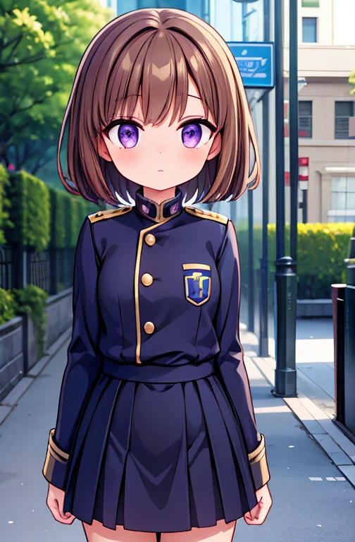 (High quality), (masterpiece), (very detailed), girl, very flat breasts, short brown hair, purple eyes, shy face, uniform, on the street, sunny