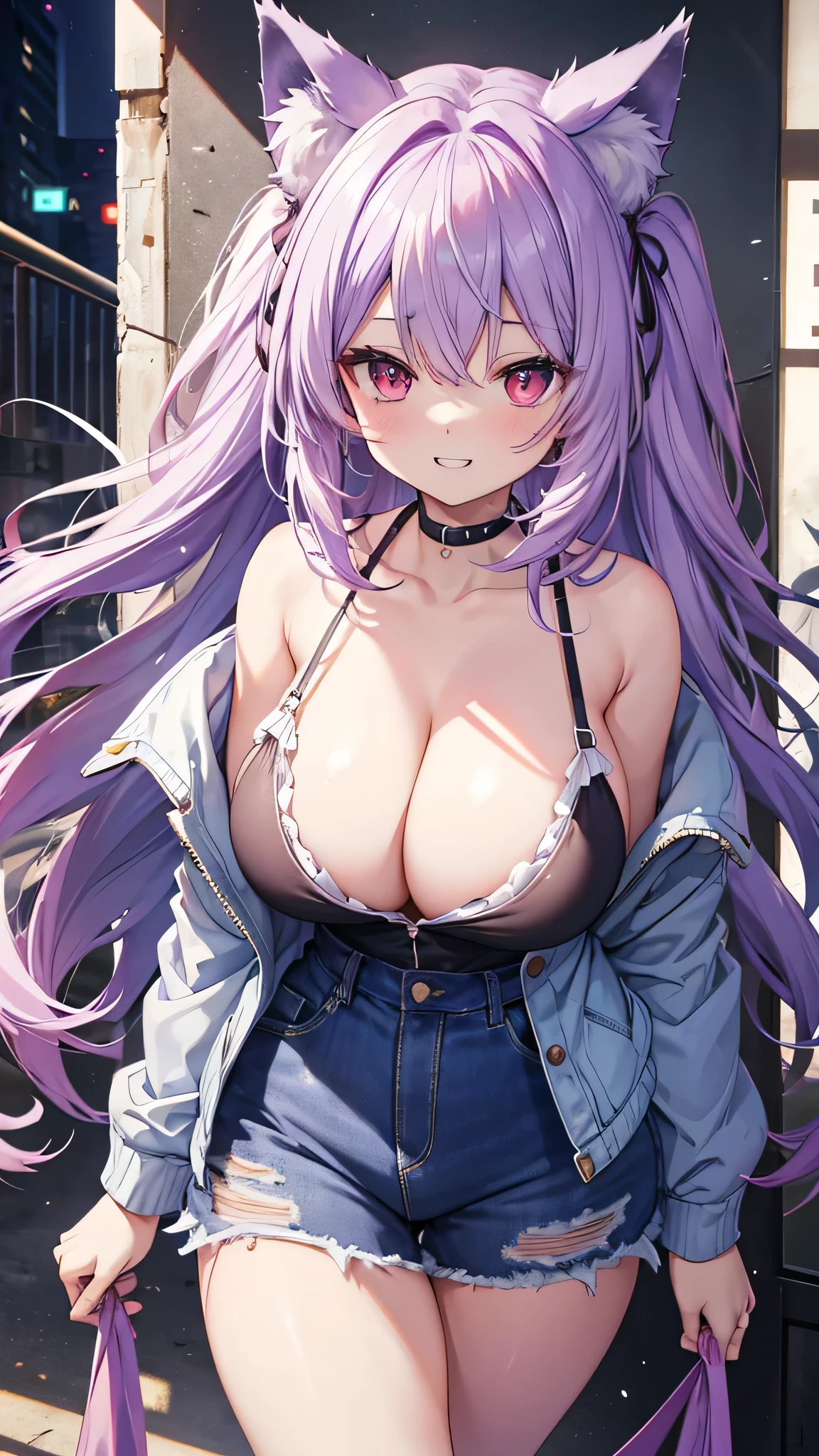 Wolf Girl, Large Breasts, Voluminous light purple hair, masterpiece , Red eyes, hd, Thick thighs, Head to Chest, buried in my chest、Double teeth、tooth、Chubby、Grinning、Vertical Line Camisole、Big Tits、Denim Jacket、white iris、
