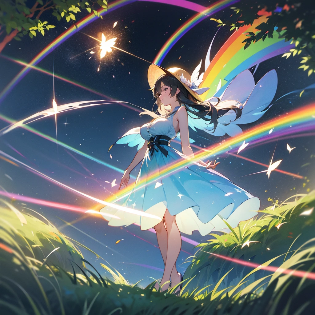One female、In the grassland、Wearing a large straw hat、Rainbow dress、Fluttering Skirt、Fluttering Ribbon、Wind and light expressed with particle effects、Swaying Grass、One big tree、side、Full body cut、Masterpiece、Maximum Performance,Fancy candy forest、Fancy candy stars、Sparkle々and shining stars、illumination,Large Breasts、Large Breasts、Full body movement、Cute pose、Dynamic、Dynamic、Dynamic、Generate motion traces with particle effects、Front cut、night、
