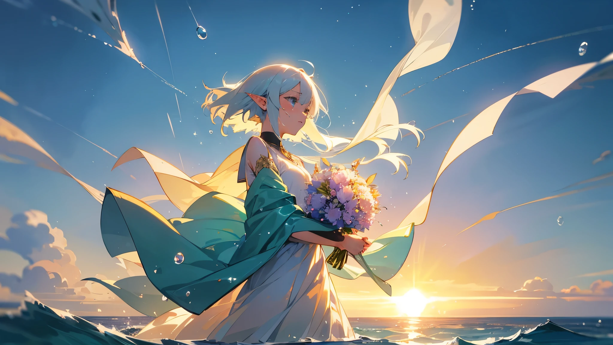 The background is in a delicate anime style.、The beautiful sea illuminated by the dazzling morning sun。With droplets of water and sparkles flying around、A beautiful white-haired elf girl with emerald eyes holding a bouquet of roses and crying.