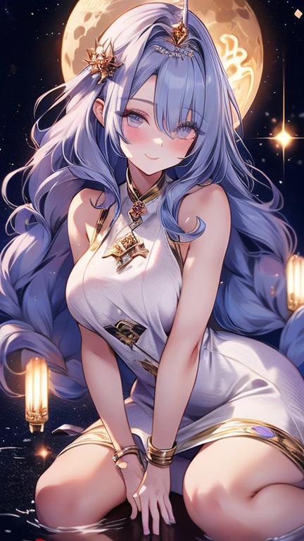 1 girls, the moon god empress, she's moon goddess, wavy gray hair, beautiful faces, elegant dress, elegant crown, beauty in the dark, gorgeous faces, charismatic person, cool person, elegant sweet smile, shining as light as moon, representation of the moon, perfect body, stunning eyes, full body looks, perfect anatomy, masterpiece, starry night background, beautiful night background, HD quality, 4K wallpaper, prettiest girl in the world