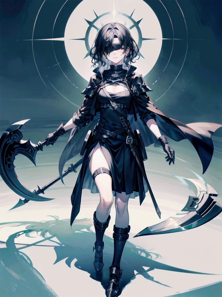 ((one-eyed blindfold)), holy paladin, scythe, dark Heavy armor, absurdres, RAW photo, extremely delicate and beautiful, masterpiece, Best Quality, ultra high resolution, 32k, hyperrealistic, ultra-detailed, detailed description, pale skin, 20 years old, tearful mole, earring, Colossal tits, short medium hair, wavy hair, evil grin, full body shot,