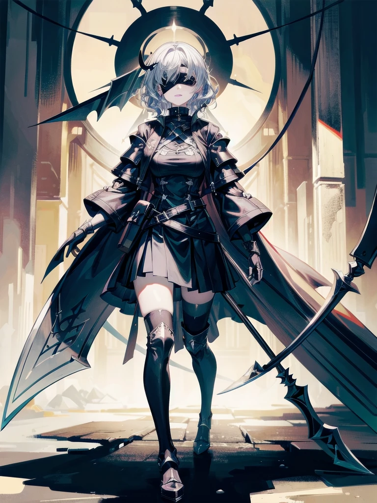 ((one-eyed blindfold)), holy paladin, scythe, dark Heavy armor, absurdres, RAW photo, extremely delicate and beautiful, masterpiece, Best Quality, ultra high resolution, 32k, hyperrealistic, ultra-detailed, detailed description, pale skin, 20 years old, tearful mole, earring, Colossal tits, short medium hair, wavy hair, evil grin, full body shot,