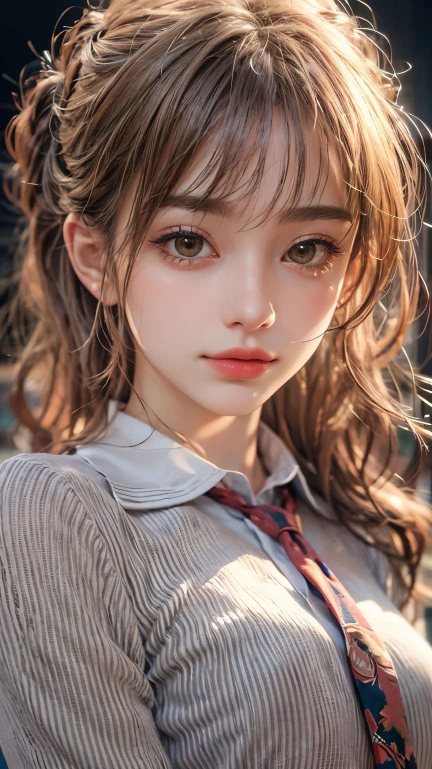 highest quality, masterpiece, (Realistic:1.4), 1 girl, A light smile, Collared shirt, Upper Body, Dramatic lighting, From below