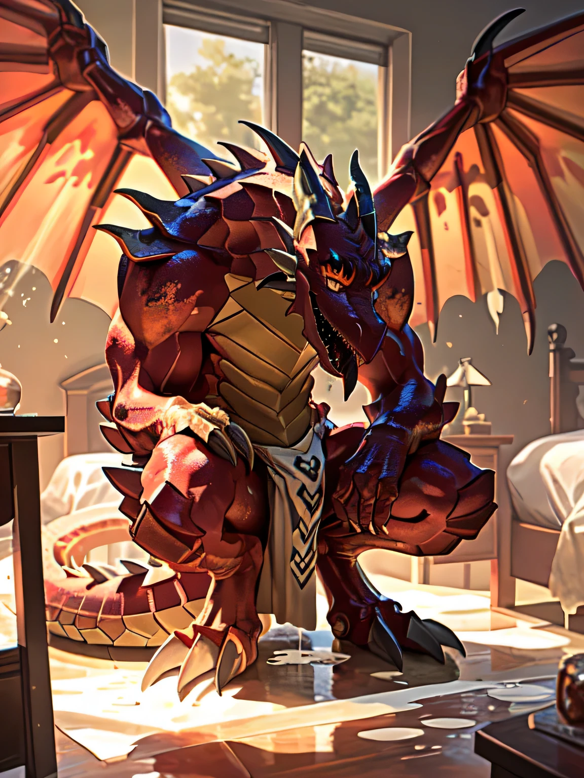 lonely, (muscular), (male human dragon):1.3, bright scales, (Kamiaki):1.3, (Common:1.4) (pray):1.23, (,wearing a short white loincloth), exquisite eyes, lizard tail,a pair of dragon horns, a pair of dragon wings, (exquisite eyes,stripe,sharp claws,cute animal feet,Stick out your tongue,sloppy person,Liquid splashed all over the body.,water leak from lower body,Fluid leaking from the lower body,Milk spilled on the floor,shining eyes):1.1, (In my room:1.35), in the bedroom,Squatting on the bed,dim,being licked,enjoy,addicted, My face turned red,color,submit,caress,drunk,laugh,enjoy,looking at camera,submit,It is interesting,detailed background,In reality,realistic hands,8k high dynamic range,(shadow,Wide dynamic range,high dynamic range,highlight:1.2)