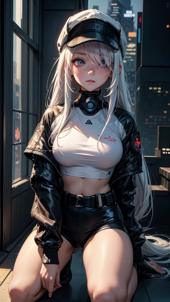 masterpiece, best quality, 4k, UHD, mishoujo, beautiful eyes and detailed face, illustration, beautiful detailed, high resolution illustration, glowing_white_particles, 1girl, white hair, light purple eye, hair over one eye, short side tail, baseball cap, expressionless, window shade, black jacket, black crop shirt, chest rig, cyberpunk, techwear, (Impressionism:1.4), mid body portrait, cyberpunk city background, looking serious, kneeling
