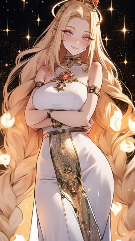 1 girls, the sun god empress, she's sun goddess, wavy light colored hair, beautiful faces, elegant dress, elegant crown, beauty in the dark, gorgeous faces, charismatic person, elegant sweet smile, shining lighter than sun, representation of the sun, perfect body, stunning eyes, full body looks, perfect anatomy, masterpiece, shiny morning sky background, beautiful background, HD quality, 4K wallpaper, prettiest girl in the world