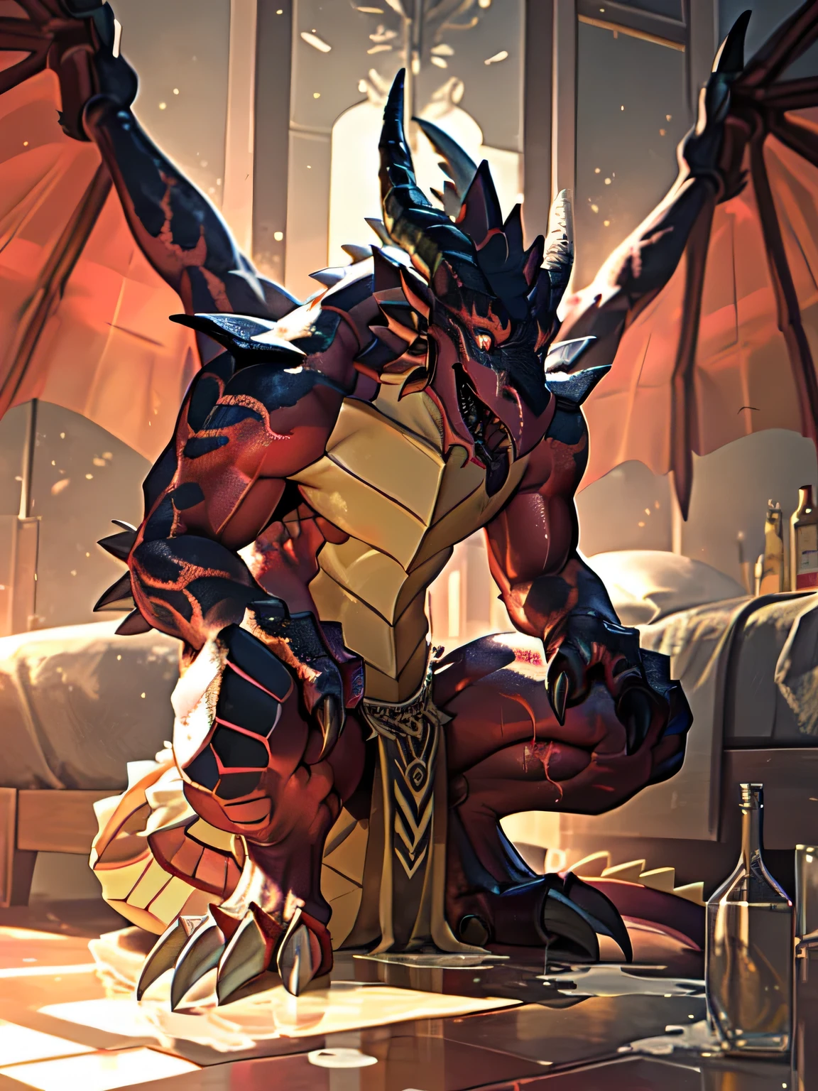 lonely, (muscular), (male human dragon):1.3, bright scales, (Kamiaki):1.3, (Common:1.4) (pray):1.23, (,wearing a short white loincloth), exquisite eyes, lizard tail,a pair of dragon horns, a pair of dragon wings, (exquisite eyes,stripe,sharp claws,cute animal feet,Stick out your tongue,sloppy person,Liquid splashed all over the body.,water leak from lower body,Fluid leaking from the lower body,Milk spilled on the floor,shining eyes):1.1, (In my room:1.35), in the bedroom,Squatting on the bed,dim,being licked,enjoy,addicted, My face turned red,color,submit,caress,drunk,laugh,enjoy,looking at camera,submit,It is interesting,detailed background,In reality,realistic hands,8k high dynamic range,(shadow,Wide dynamic range,high dynamic range,highlight:1.2)
