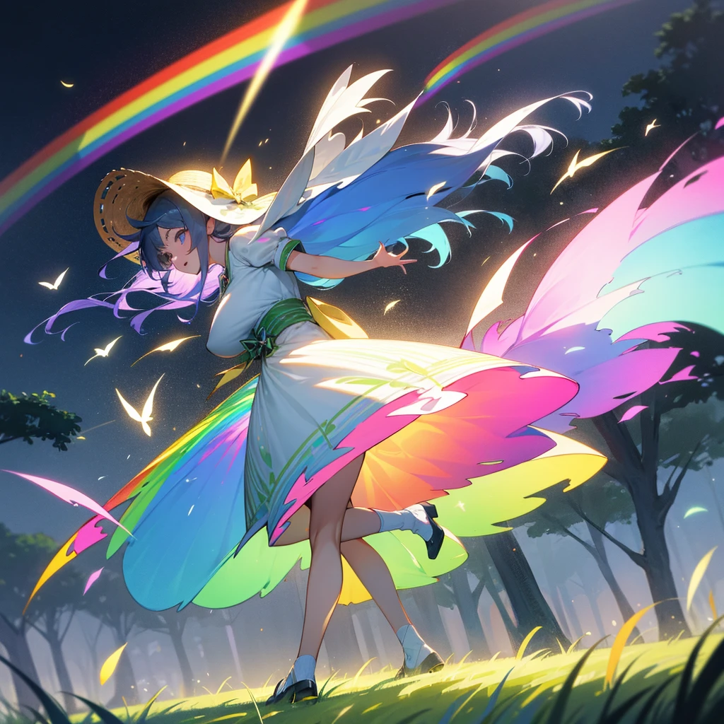 One female、In the grassland、Wearing a large straw hat、Rainbow dress、Fluttering Skirt、Fluttering Ribbon、Wind and light expressed with particle effects、Swaying Grass、One big tree、side、Full body cut、Masterpiece、Maximum Performance,Fancy candy forest、Fancy candy stars、Sparkle々and shining stars、illumination,Large Breasts、Large Breasts、Full body movement、Cute pose、Dynamic、Dynamic、Dynamic、Generate motion traces with particle effects、night、