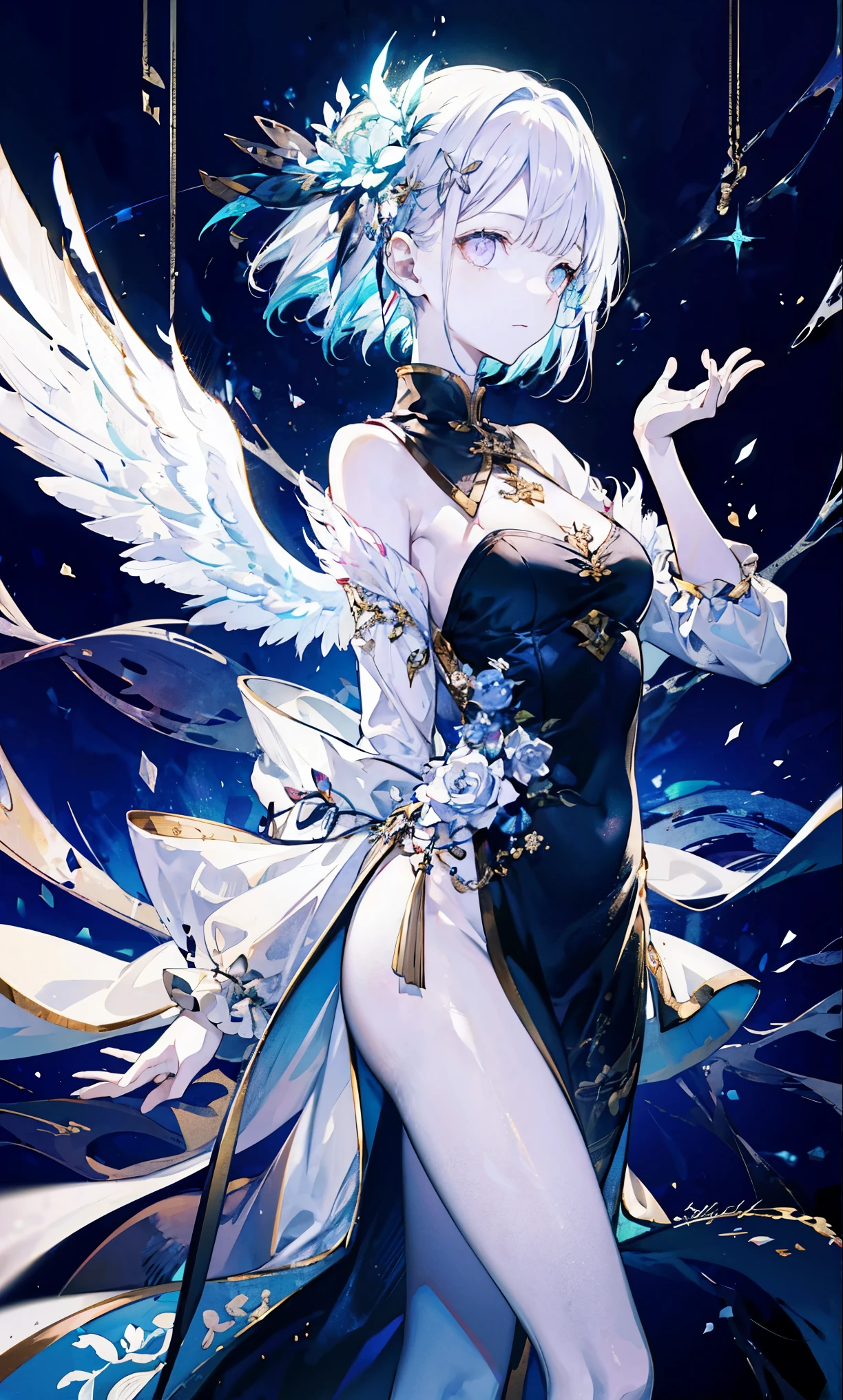 The angel is depicted with a pale and glowing cot has heterochromatic eyes.、Its skin seems to radiate an otherworldly glow。he、Symbol of divinity、Decorated with a pair of shining Fair wings。This scene is so wonderful.、它捕捉了這些天體的美麗和mystery。Angelic、pale、glow、color、shine、A rare treasure、Brilliance、shine、Fair、wingspan、sanctity、Fair、charming、beauty、mystery。