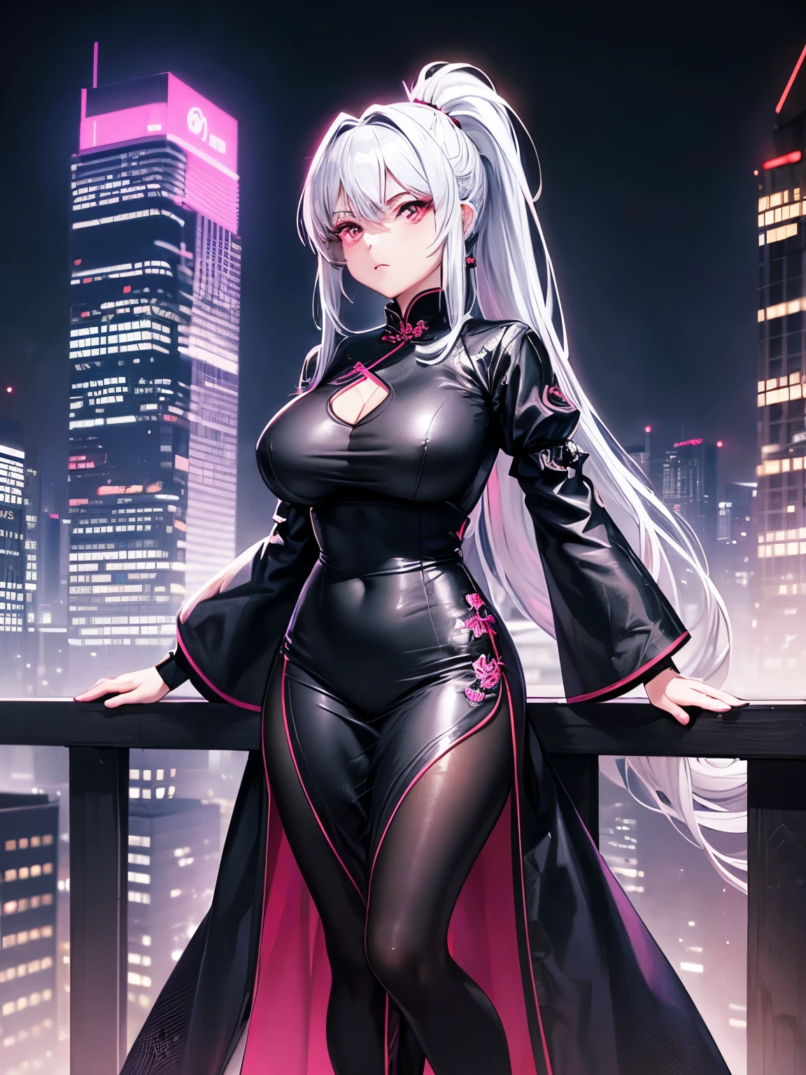 anime, (artwork, best quality, ultra-detailed, high contrast), 1 woman (Alone, full body, plus size body, standing on the edge of the skyscraper, silver hair, LONG In a ponytail, red eyes, perfect eyes ruby sparkles, (simple black qipao, black cybernetics with neon pink), transparent black socks), (skyscraper roof, overlooking a city, detailed background ((night time, Darkness, low light pollution)))