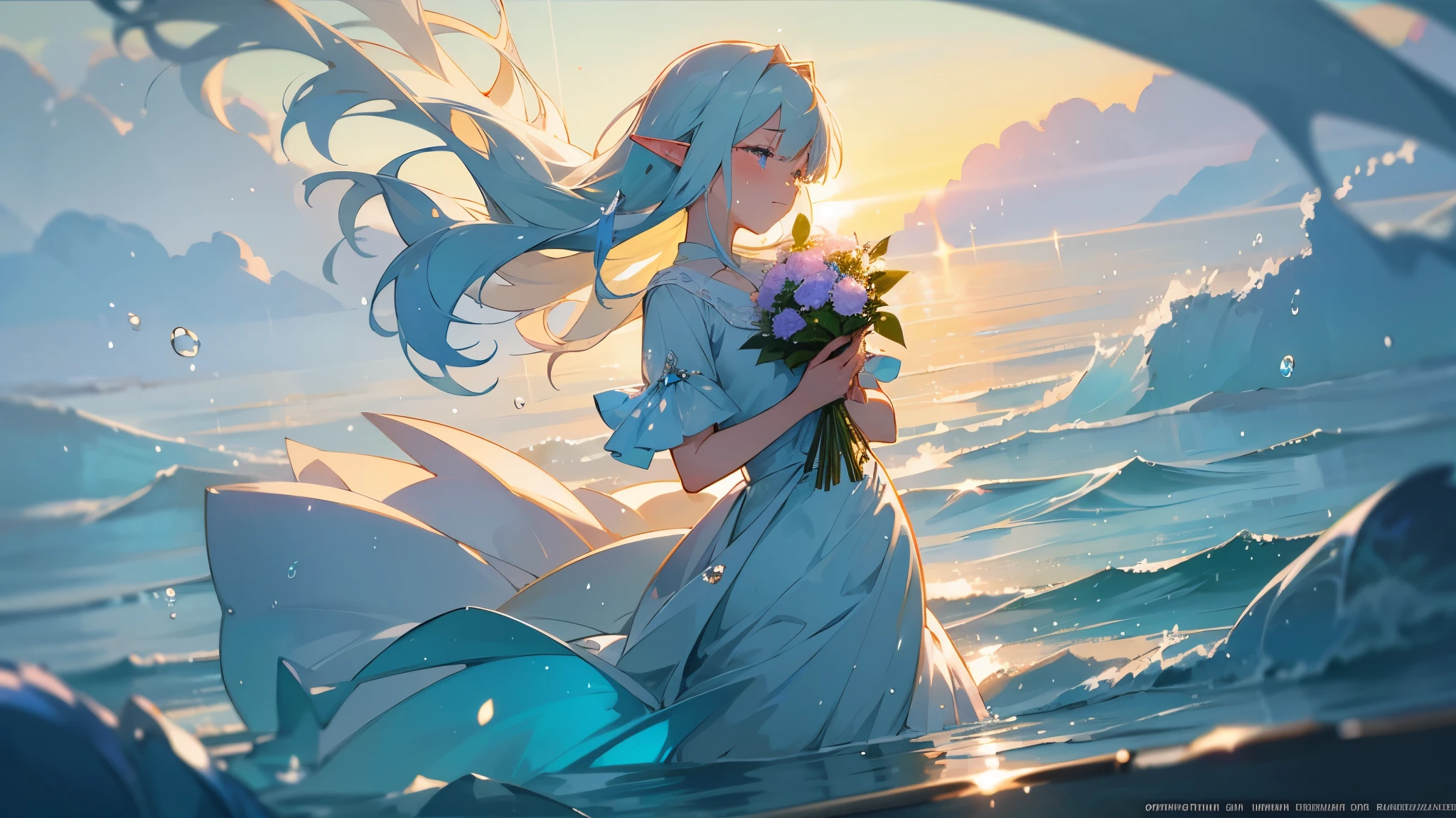 The background is in a delicate anime style.、The beautiful sea illuminated by the dazzling morning sun。With droplets of water and sparkles flying around、A beautiful white-haired elf girl with emerald eyes holding a bouquet of roses and crying.
