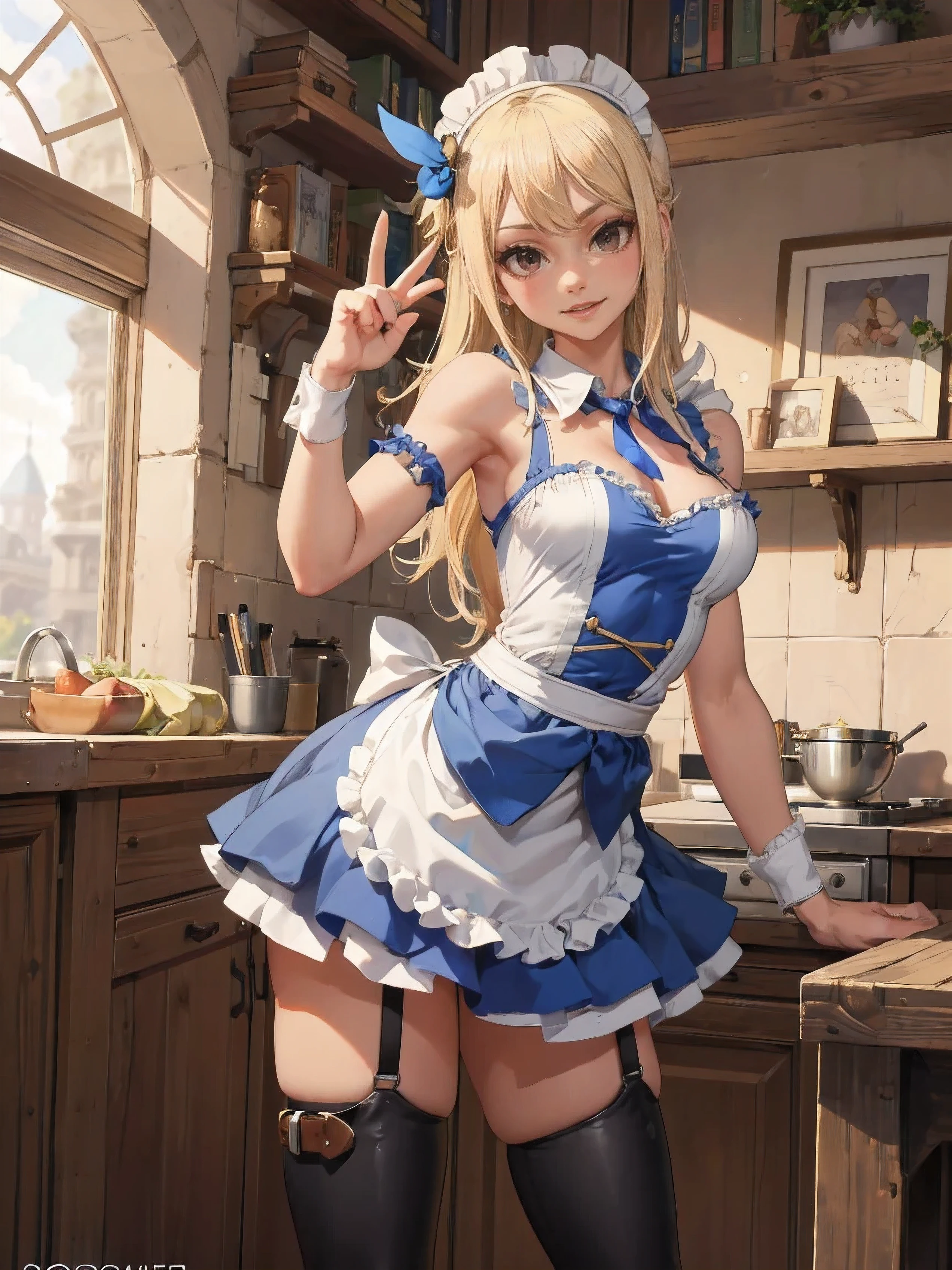 (Obra maestra, La mejor calidad:1.2), solamente, 1 chica, Lucy Heartfilia, They're smiling, Buscando el visor de TA, ((little maid)), Botas de muslo, hermosa, posando de espalda al espectador