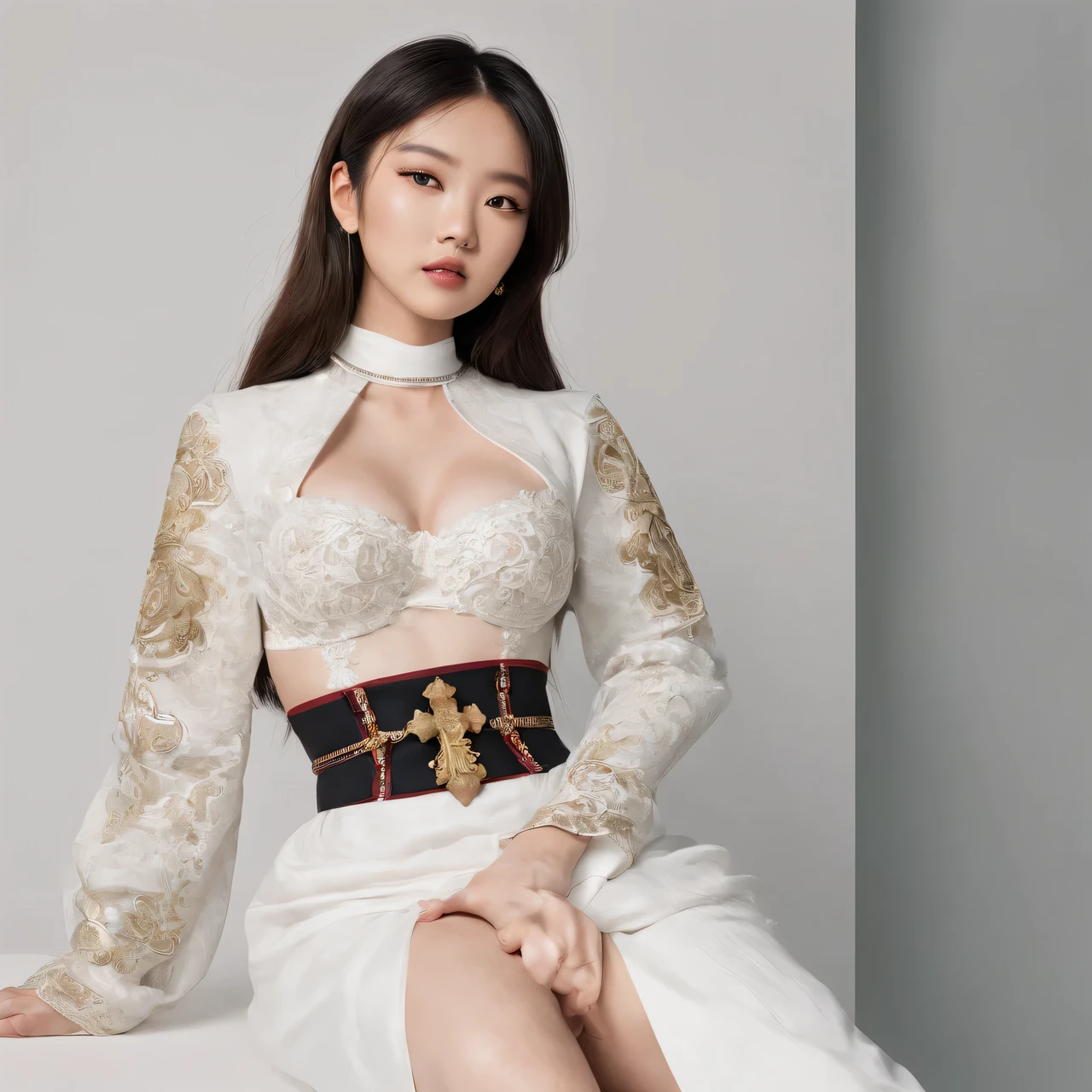 Asian girl with large breasts and hips and small waist wearing clothing inspired by the religious Catholic church.