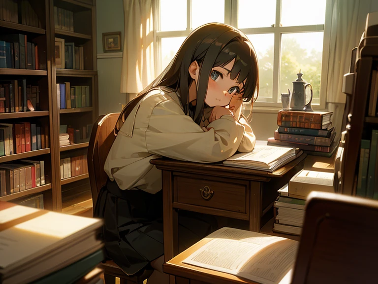 A 15-year-old anime girl sits at her desk, surrounded by bookshelves filled with her favorite stories. The sunlight streams in through the window, casting a warm glow on her face as she dives into the pages of her latest read.