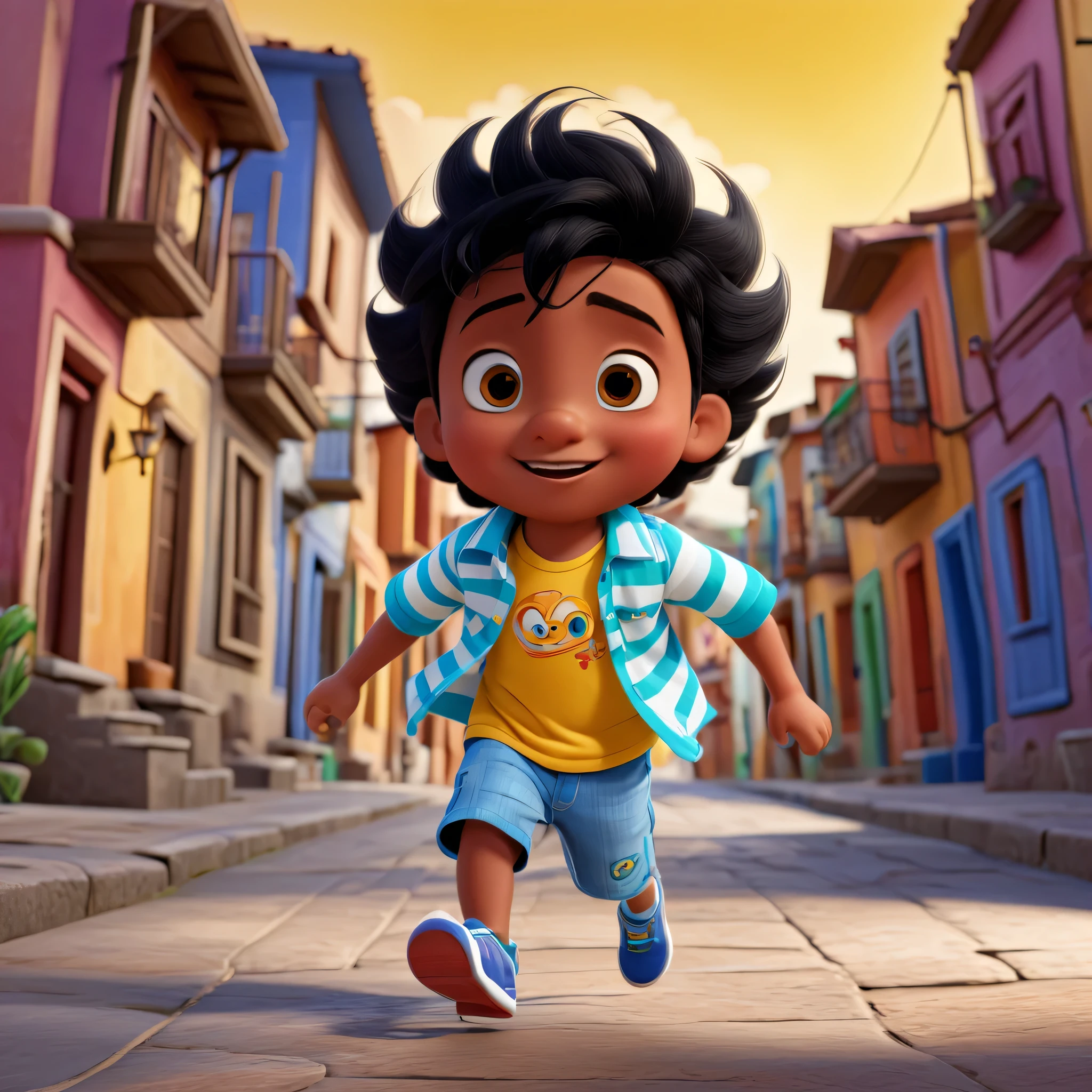 (mejor calidad,high resolution),Boy running,brown skin boy,dibujos animados,playful,happy expression,hermoso,toddler,Energy Movement,rizos que rebotan,dynamic background,paleta colorida,Ambiente animado,lineas suaves,comic style,ojos expresivos,carrera de rebote,dibujos animadosish details,personalidad alegre,action packed,escena caprichosa,playful mischief,endless fun,Wild Imagination,bubbling energy,carefree spirit,chico aventurero,despreocupado,Maravilla de la infancia,risa inocente,vivid colors,dibujos animadosish charm,feeling of liveliness,Ambiente alegre,viaje encantador,bebe piel negra,a close up of a personaje animado with a ropa folclor colorido, camisa de rallas y mochila and black hair, animation character, renderizado em Arnold, personaje animado, render de pixar, Stylized character, Stylized 3D rendering, animation style rendering, Personaje 3D, Personaje 3D, renderizado em corona, Personaje 3D render, captura de pantalla de renderizado de dibujos animados, renderizado maxwell