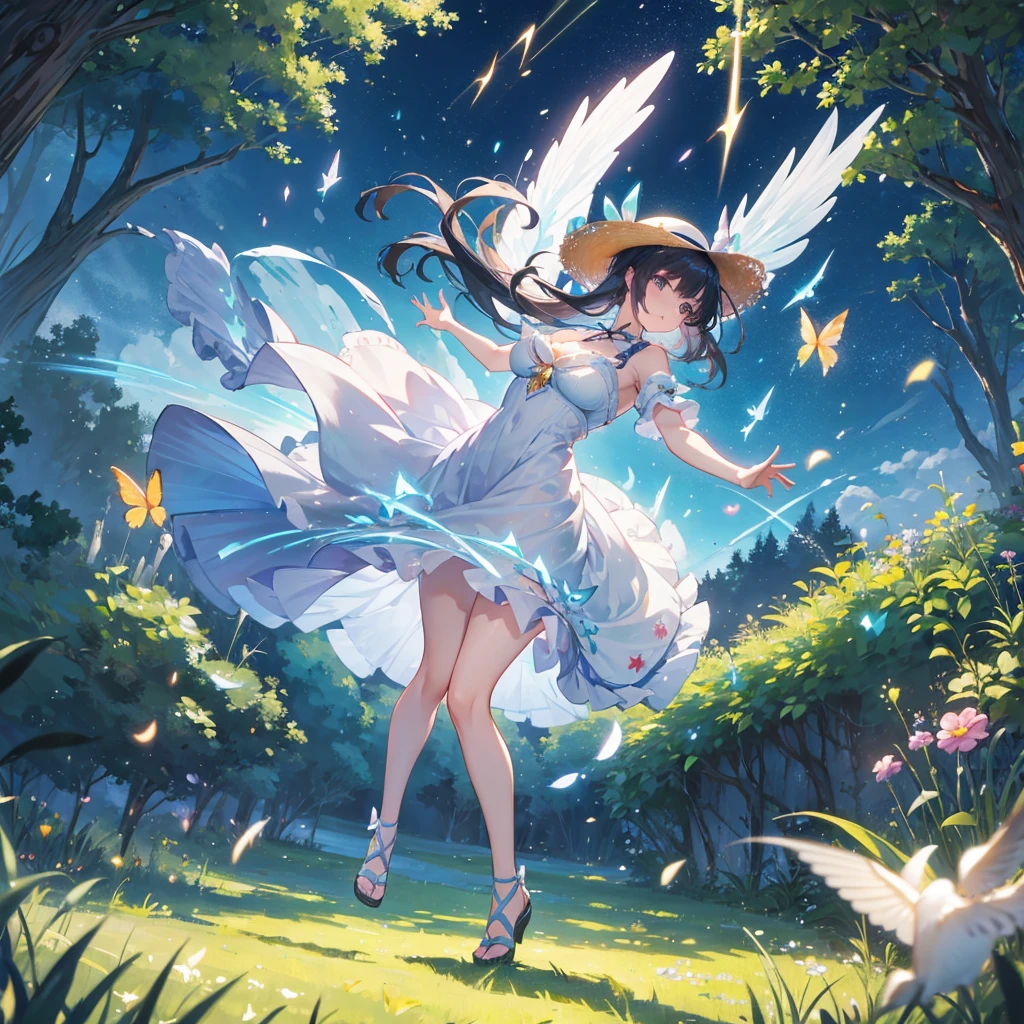 One female、In the grassland、Wearing a large straw hat、Rainbow dress、Fluttering Skirt、Fluttering Ribbon、Wind and light expressed with particle effects、Swaying Grass、One big tree、side、Full body cut、Masterpiece、Maximum Performance,Fancy candy forest、Fancy candy stars、Sparkle々and shining stars、illumination,Large Breasts、Large Breasts、Full body movement、Cute pose、Dynamic、Dynamic、Dynamic、Generate motion traces with particle effects、night、
