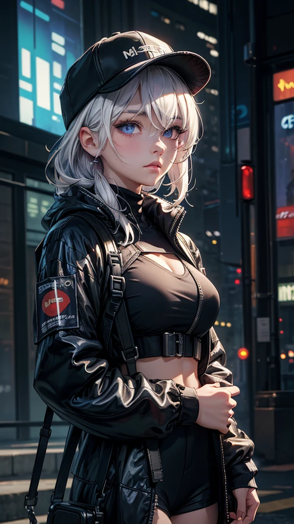 masterpiece, best quality, 4k, UHD, mishoujo, beautiful eyes and detailed face, illustration, beautiful detailed, high resolution illustration, glowing_white_particles, 1girl, white hair, light purple eye, hair over one eye, short side tail, baseball cap, expressionless, window shade, black jacket, black crop shirt, chest rig, cyberpunk, techwear, (Impressionism:1.4), mid body portrait, cyberpunk city background, looking serious, holding a bag in her arms