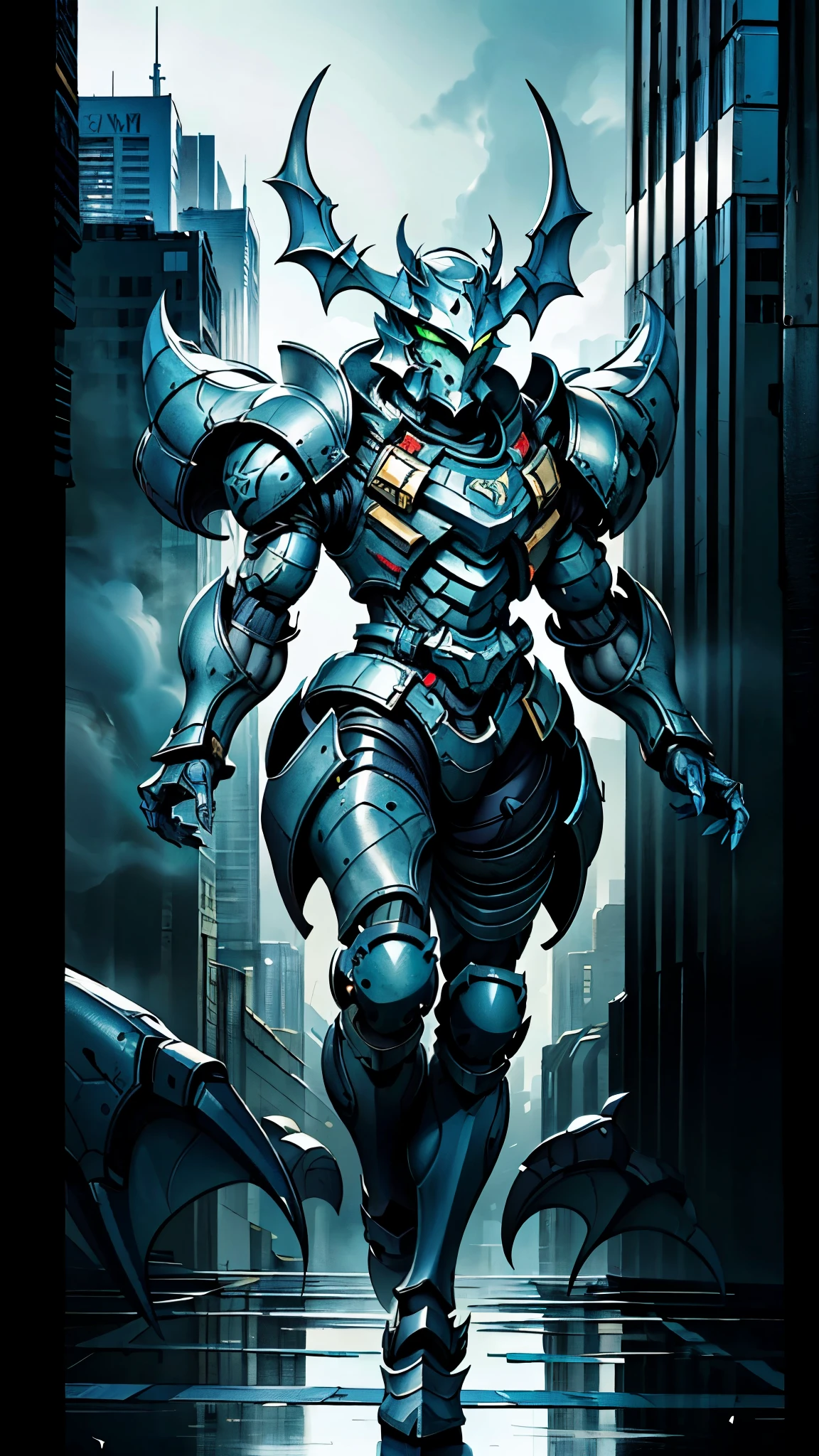 A man wearing a full-face helmet, a fantasy-style biotech armored combat suit, green eyes, (a composite layered chest armor), fully enclosed shoulder guards, matching arm and leg guards, the belt is adorned with dragon claw grasping orbs, (primarily black with red accents), the design balances heavy with agility, a high-tech bio-mecha armor, (Dynastinae concept Armor, stand on the top of a skyscraper in a futuristic sci-fi city), this character embodies a finely crafted fantasy-surreal style armored hero in anime style, exquisite and mature manga art style, (element, plasma, energy, the armor glows), ((male:1.5)), metallic, real texture material, dramatic, high definition, best quality, highres, ultra-detailed, ultra-fine painting, extremely delicate, professional, perfect body proportions, golden ratio, anatomically correct, symmetrical face, extremely detailed eyes and face, high quality eyes, creativity, RAW photo, UHD, 32k, Natural light, cinematic lighting, masterpiece-anatomy-perfect, masterpiece:1.5