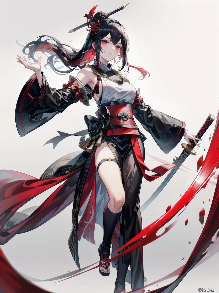 red-black costume, holding a sword, Onmyoji, nobushi, Flowing white robe, absurdres, RAW photo, extremely delicate and beautiful, masterpiece, Best Quality, ultra high resolution, 32k, hyperrealistic, ultra-detailed, detailed description, pale skin, 20 years old, tearful mole, earring, Colossal tits, short medium hair, wavy hair, evil grin, full body shot,