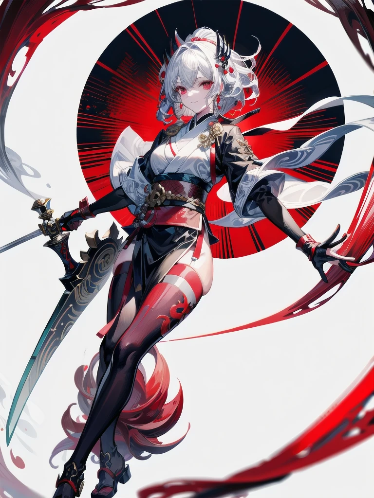 red-black costume, holding a sword, Onmyoji, nobushi, Flowing white robe, absurdres, RAW photo, extremely delicate and beautiful, masterpiece, Best Quality, ultra high resolution, 32k, hyperrealistic, ultra-detailed, detailed description, pale skin, 20 years old, tearful mole, earring, Colossal tits, short medium hair, wavy hair, evil grin, full body shot,