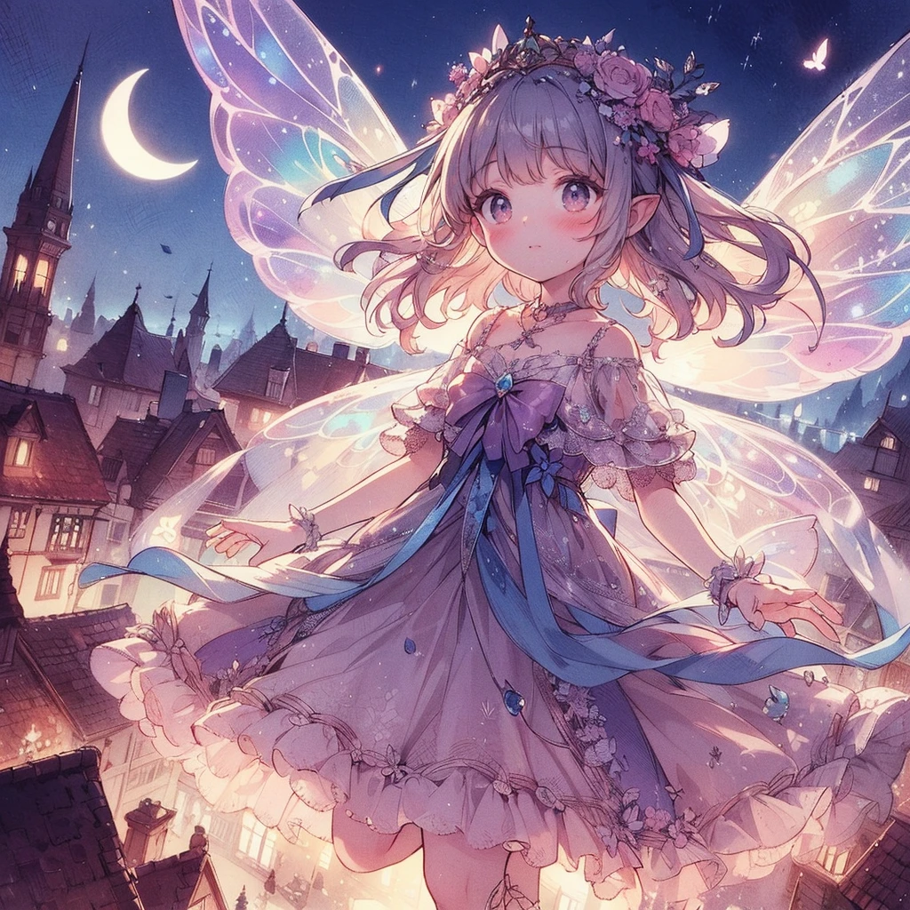 (Exquisite, beautiful, Very detailed, masterpiece, High resolution,high quality,High resolution),(Well-formed face,Soft and thin lines: 1.2, beautiful, Delicate and vivid illustrations with a mature and clear feel) , A beautiful, young fairy princess with butterfly-like wings is floating in the air and flying in the sky of an old European town on a crescent moon night. Looking in the direction of the camera on a beautiful, dark moonlit night. A beautiful, large crescent moon, stars, shooting stars, and shooting stars.,(She has beautiful, clear fairy wings growing from her back and is wearing a tiara, earrings and a choker.), She laughs shyly and shyly.,She is wearing a beautiful black and silver ball gown dress decorated with jewels, ribbons, frills and lace, and has beautiful fairy shoes.,(blushing shyly,She has pointy ears, pale pink cheeks, beautiful medium length silver hair, plump pink lips, fair skin, a large bust, and a nice figure.),Vibrant and striking colors,From a little distance,Dreamy cute atmosphere