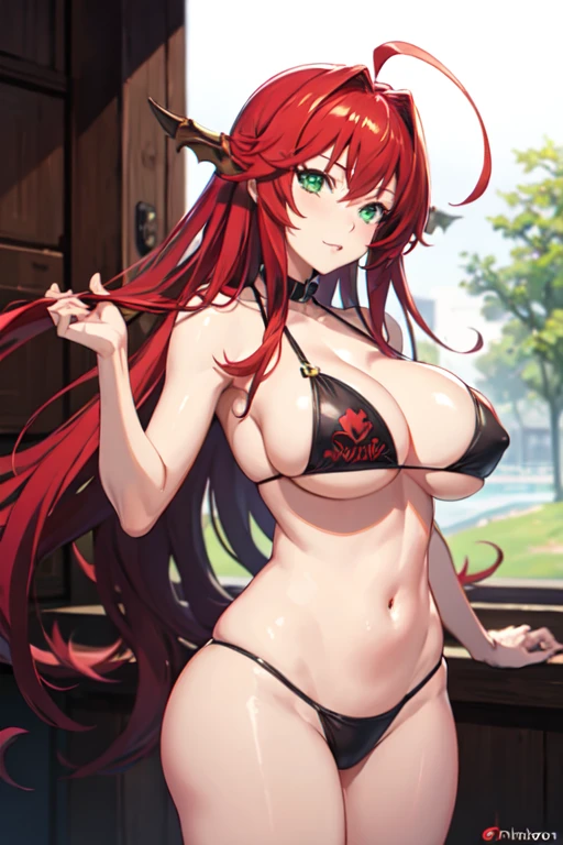 ((best quality)), ((masterpiece)), (detailed), perfect face, highschool dxd, rias gremory, long hair, red hair, ahoge, green eyes, big breast, bikini outfit