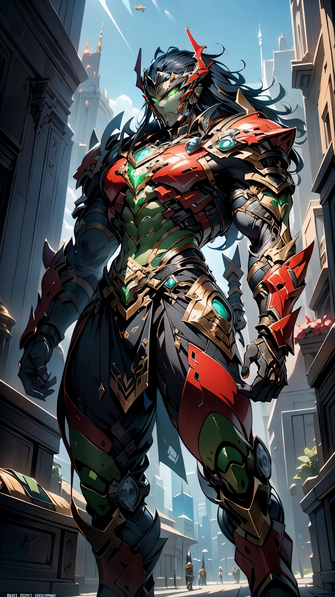 A man wearing a full-face helmet, a fantasy-style biotech armored combat suit, green eyes, (a composite layered chest armor), fully enclosed shoulder guards, matching arm and leg guards, the belt is adorned with dragon claw grasping orbs, (primarily black with red accents), the design balances heavy with agility, a high-tech bio-mecha armor, (Dynastinae concept Armor, stand on the top of a skyscraper in a futuristic sci-fi city), this character embodies a finely crafted fantasy-surreal style armored hero in anime style, exquisite and mature manga art style, (element, plasma, energy, the armor glows), ((male:1.5)), metallic, real texture material, dramatic, high definition, best quality, highres, ultra-detailed, ultra-fine painting, extremely delicate, professional, perfect body proportions, golden ratio, anatomically correct, symmetrical face, extremely detailed eyes and face, high quality eyes, creativity, RAW photo, UHD, 32k, Natural light, cinematic lighting, masterpiece-anatomy-perfect, masterpiece:1.5