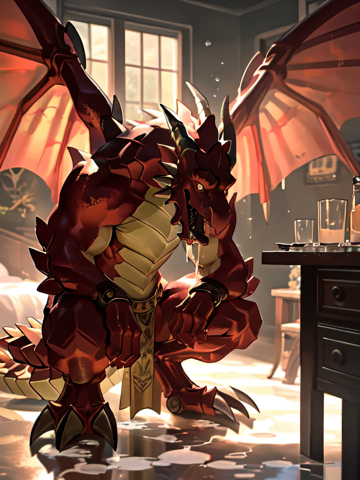 lonely, (muscular), (male human dragon):1.3, bright scales, (Kamiaki):1.3, (Common:1.4) (pray):1.23, (,wearing a short white loincloth), exquisite eyes, lizard tail,a pair of dragon horns, a pair of dragon wings, (exquisite eyes,stripe,sharp claws,cute animal feet,Stick out your tongue,sloppy person,Liquid splashed all over the body.,water leak from lower body,Fluid leaking from the lower body,Milk spilled on the floor,shining eyes):1.1, (In my room:1.35), in the bedroom,Squatting on the bed,dim,being licked,enjoy,addicted, My face turned red,color,submit,caress,drunk,laugh,enjoy,looking at camera,submit,It is interesting,detailed background,In reality,realistic hands,8k high dynamic range,(shadow,Wide dynamic range,high dynamic range,highlight:1.2)