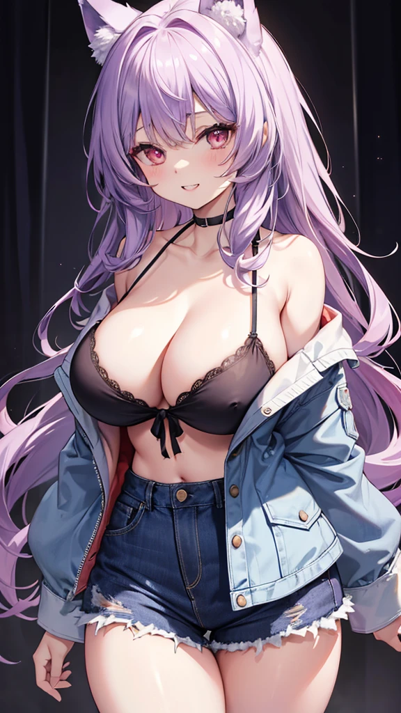 Wolf Girl, Large Breasts, Voluminous light purple hair, masterpiece , Red eyes, hd, Thick thighs, Head to Chest, buried in my chest、Double teeth、tooth、Chubby、Grinning、Vertical Line Camisole、Big Tits、Denim Jacket、white iris、