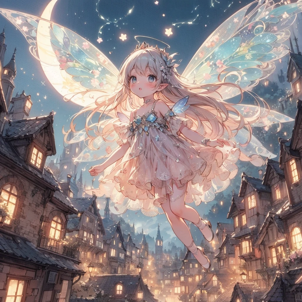(Exquisite, beautiful, Very detailed, masterpiece, High resolution,high quality,High resolution),(Well-formed face,Soft and thin lines: 1.2, beautiful, Delicate and vivid illustrations with a mature and clear feel) , A beautiful, young fairy princess with butterfly-like wings is floating in the air and flying in the sky of an old European town on a crescent moon night. Looking in the direction of the camera on a beautiful, dark moonlit night. A beautiful, large crescent moon, stars, shooting stars, and shooting stars.,(She has beautiful, clear fairy wings growing from her back and is wearing a tiara, earrings and a choker.), She laughs shyly and shyly.,She is wearing a beautiful black and silver ball gown dress decorated with jewels, ribbons, frills and lace, and has beautiful fairy shoes.,(blushing shyly,She has pointy ears, pale pink cheeks, beautiful medium length silver hair, plump pink lips, fair skin, a large bust, and a nice figure.),Vibrant and striking colors,From a little distance,Dreamy cute atmosphere