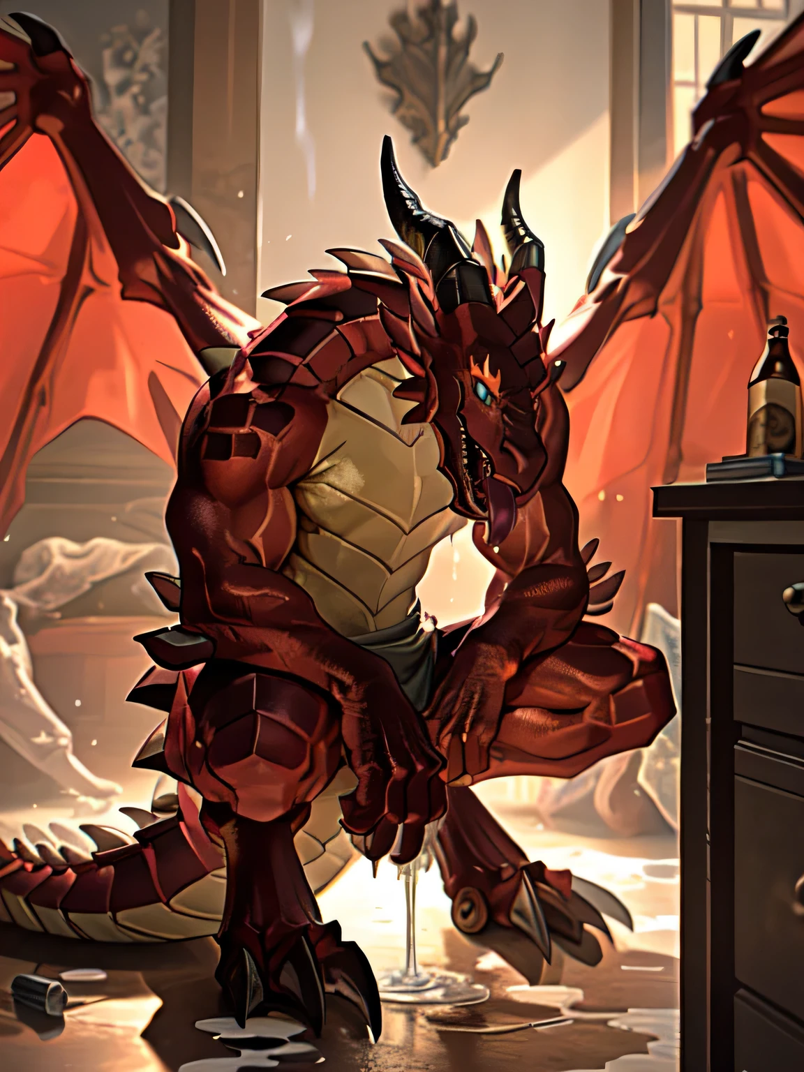 lonely, (muscular), (male human dragon):1.3, bright scales, (Kamiaki):1.3, (Common:1.4) (pray):1.23, (,wearing a short white loincloth), exquisite eyes, lizard tail,a pair of dragon horns, a pair of dragon wings, (exquisite eyes,stripe,sharp claws,cute animal feet,Stick out your tongue,sloppy person,Liquid splashed all over the body.,water leak from lower body,Fluid leaking from the lower body,Milk spilled on the floor,shining eyes):1.1, (In my room:1.35), in the bedroom,Squatting on the bed,dim,being licked,enjoy,addicted, My face turned red,color,submit,caress,drunk,laugh,enjoy,looking at camera,submit,It is interesting,detailed background,In reality,realistic hands,8k high dynamic range,(shadow,Wide dynamic range,high dynamic range,highlight:1.2)