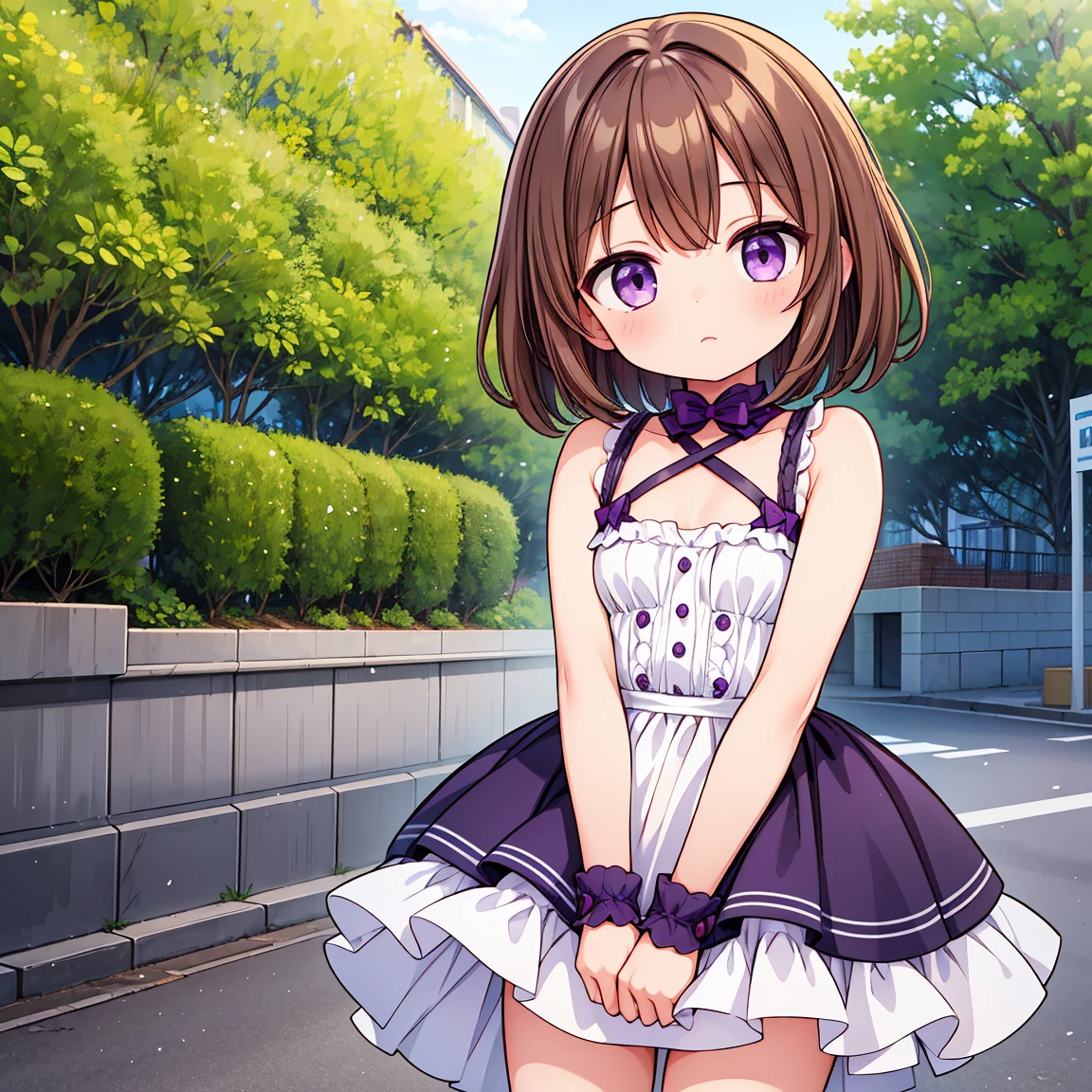 (High quality), (masterpiece), (very detailed), girl, very flat breasts, short brown hair, purple eyes, shy face, cute , on the street, sunny